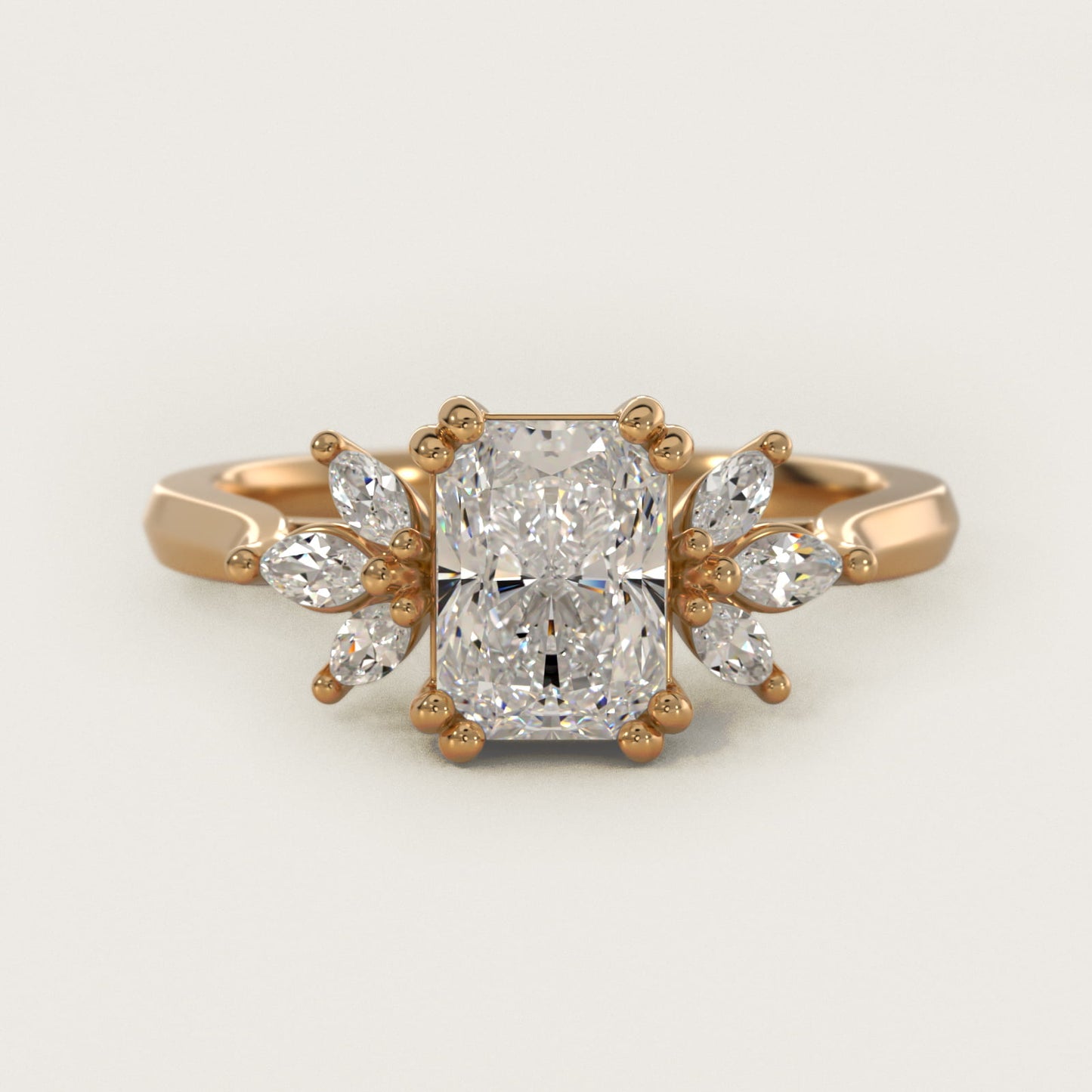Trio Marquise Diamond Engagement Ring in 18k Yellow Gold - Radiant Center