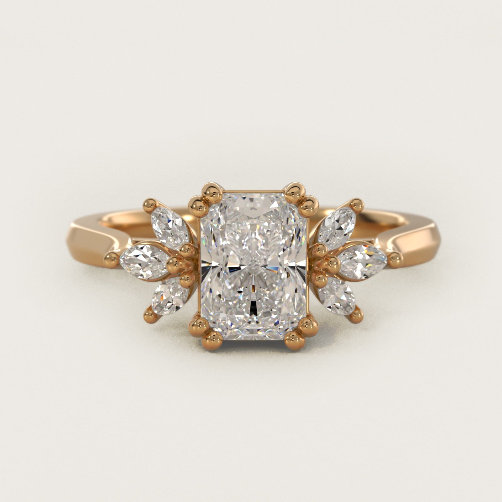 Trio Marquise Diamond Engagement Ring in 18k Yellow Gold - Radiant Center