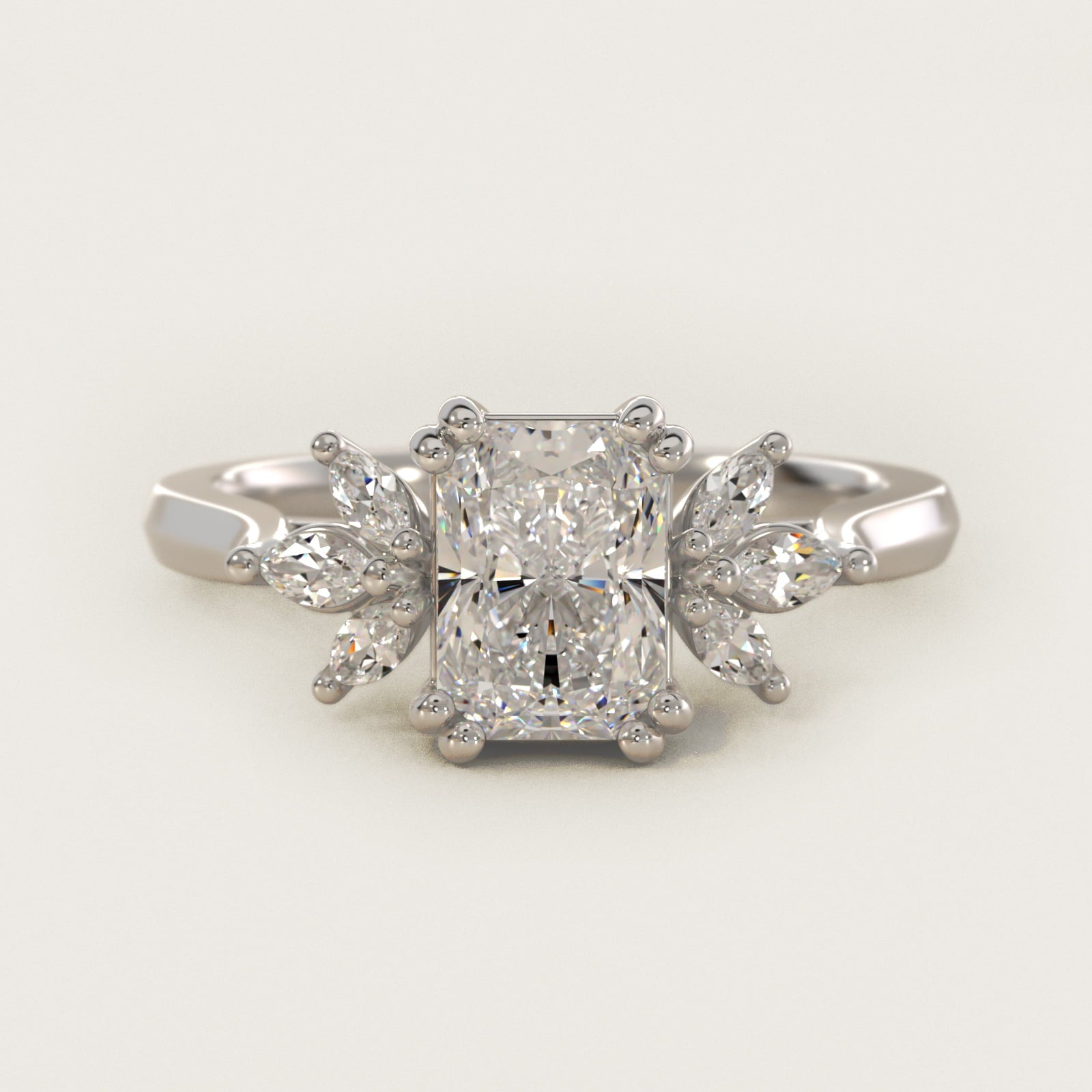 Trio Marquise Diamond Engagement Ring in Platinum - Radiant Center