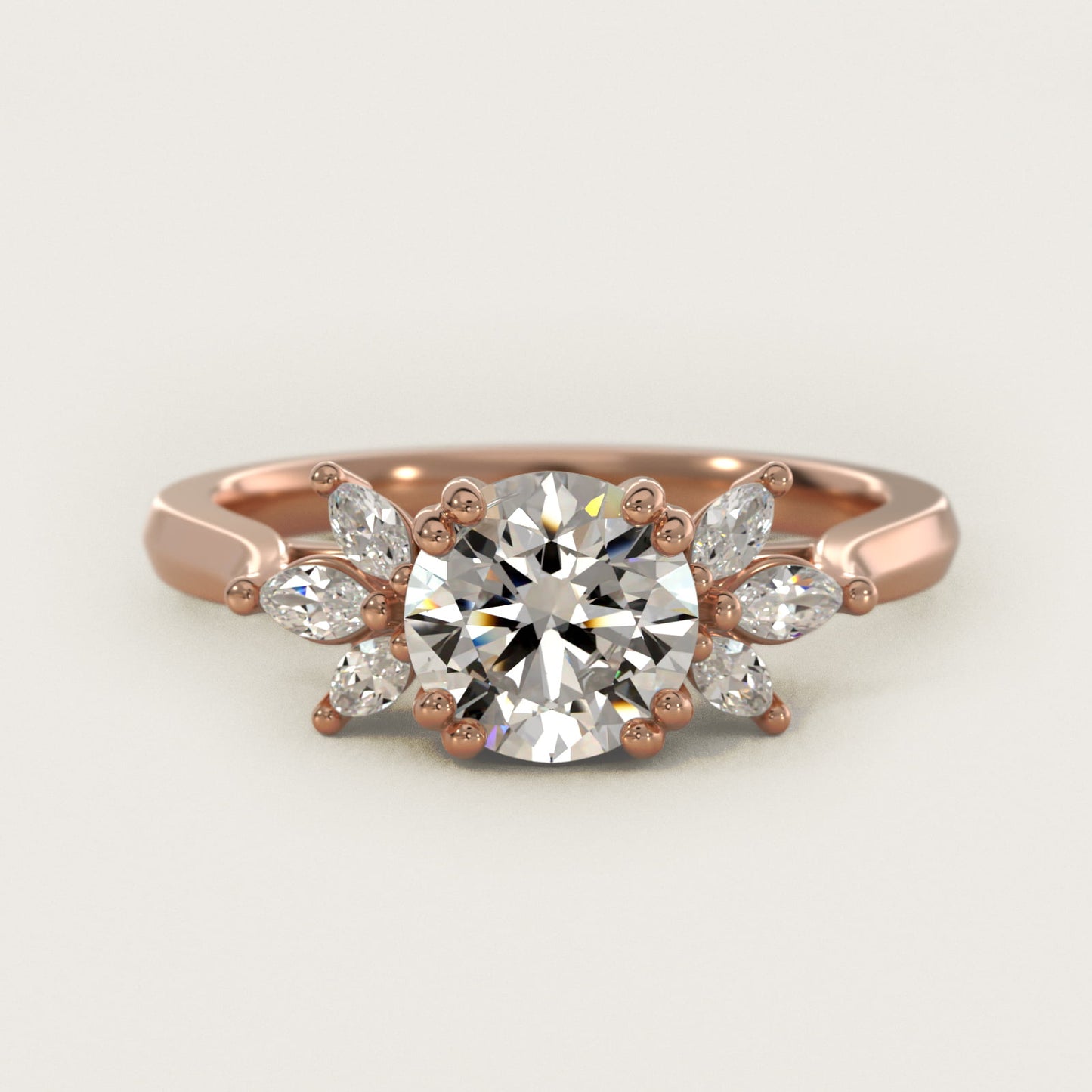 Trio Marquise Diamond Engagement Ring in 14k Rose Gold - Round Center