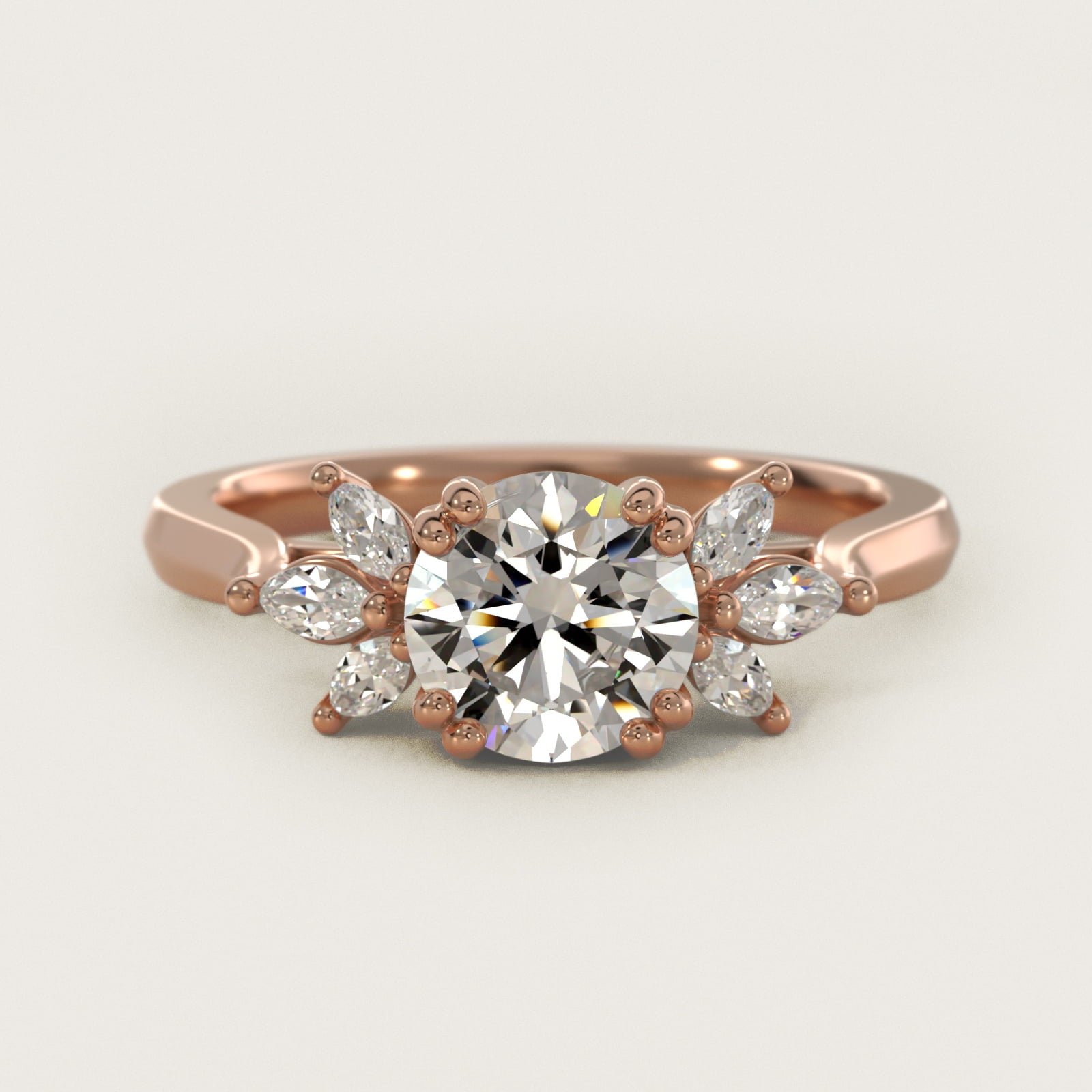 Trio Marquise Diamond Engagement Ring in 14k Rose Gold - Round Center