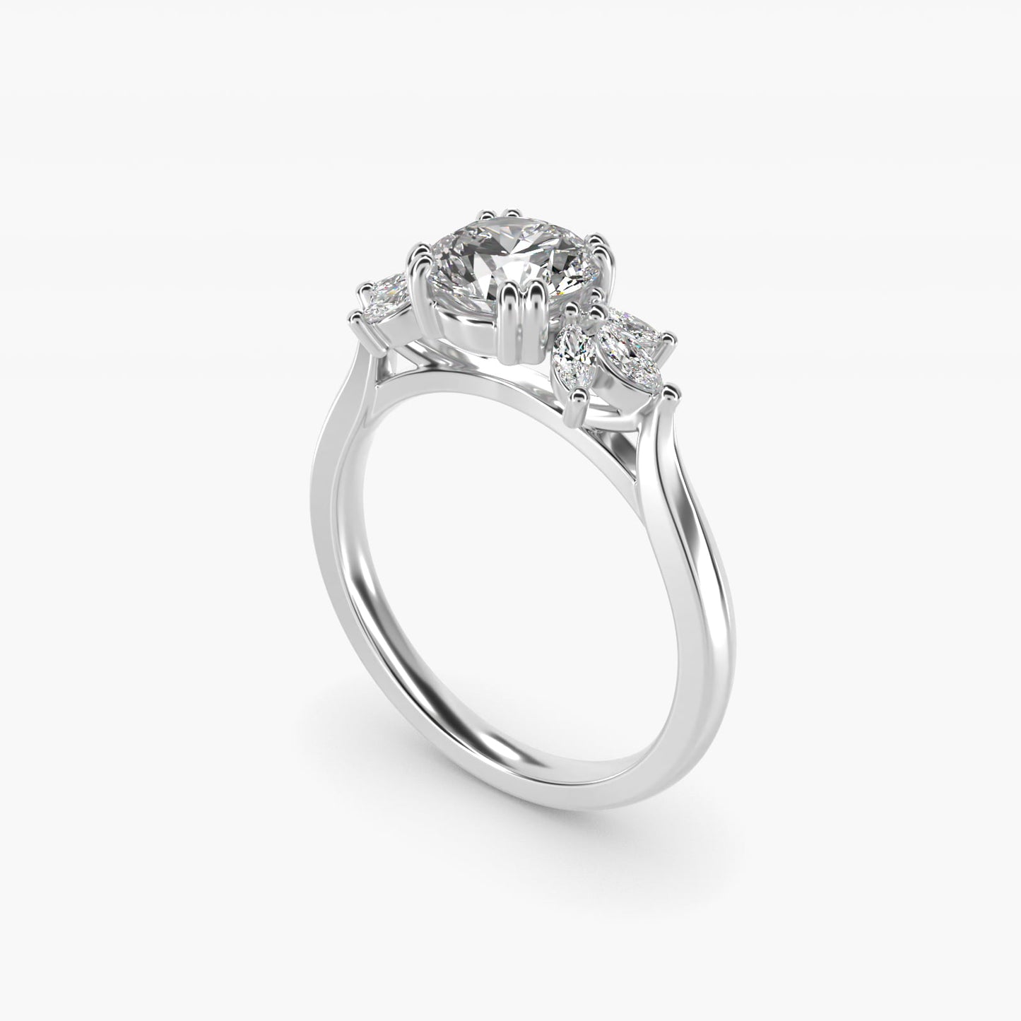 Trio Marquise Diamond Engagement Ring in 18k White Gold - Round Center