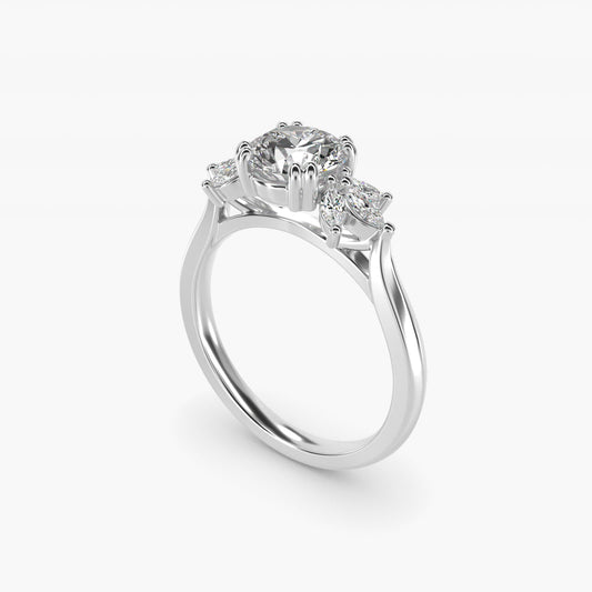 Trio Marquise Diamond Engagement Ring in 18k White Gold - Round Center