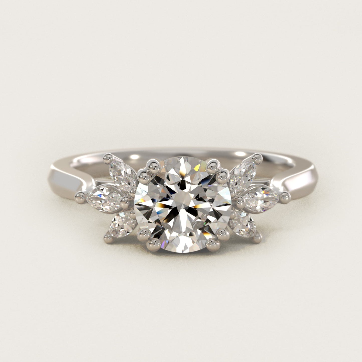 Trio Marquise Diamond Engagement Ring in 14k White Gold - Round Center