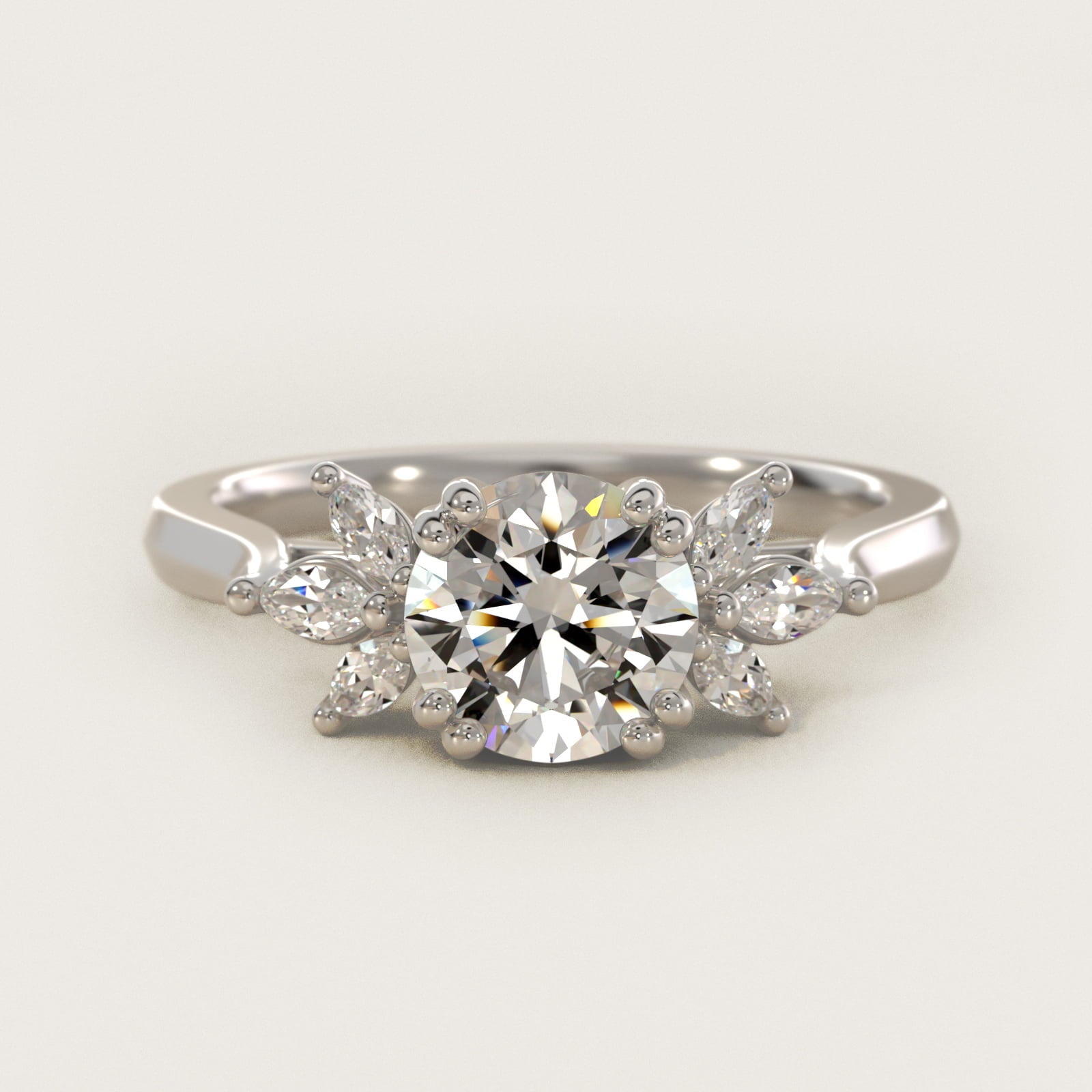 Trio Marquise Diamond Engagement Ring in 18k White Gold - Round Center