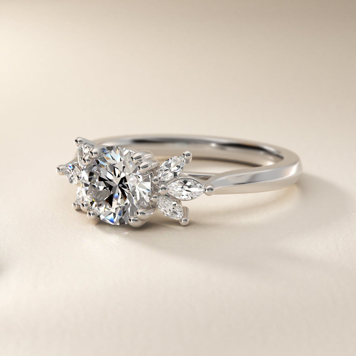 Trio Marquise Diamond Engagement Ring in 14k White Gold - Round Center