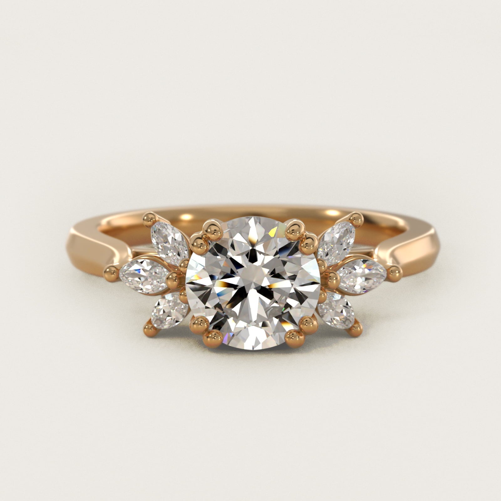 Trio Marquise Diamond Engagement Ring in 18k Yellow Gold - Round Center
