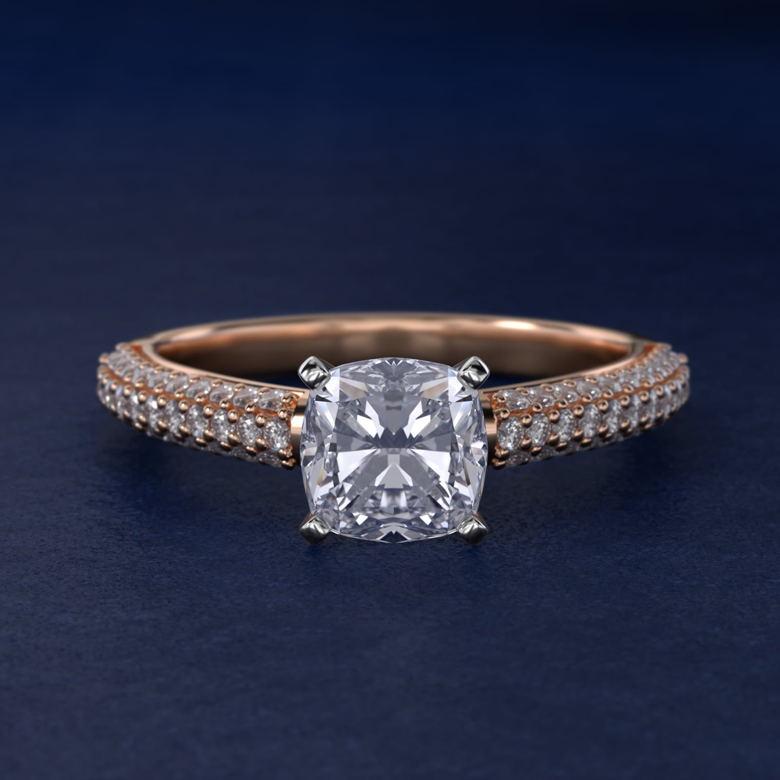 Trio Micropav? Diamond Engagement Ring in 18k Rose Gold (1/3 ct. tw.) - Cushion Center