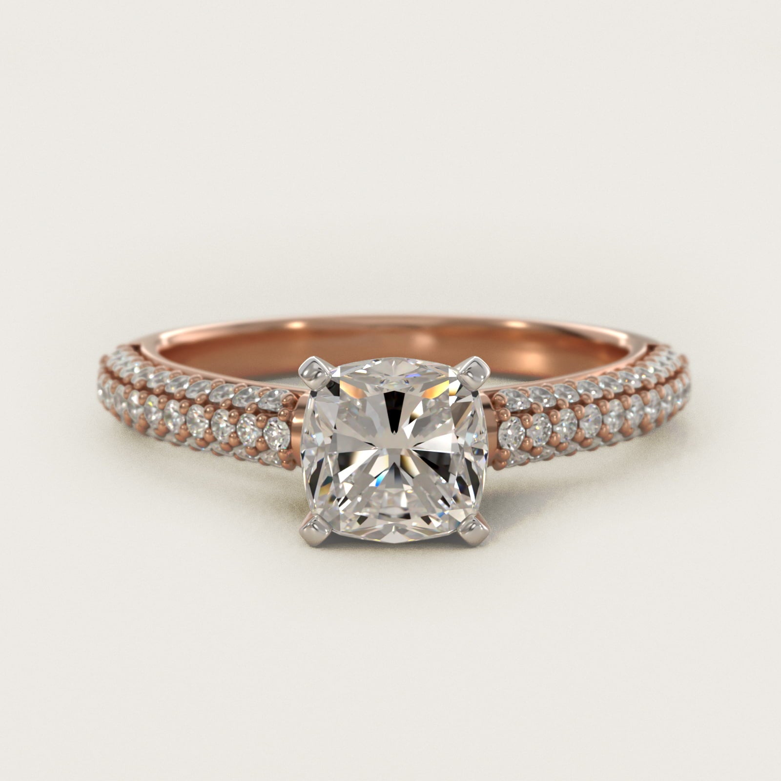 Trio MicropavŽ Diamond Engagement Ring in 14k Rose Gold (1/3 ct. tw.) - Cushion Center