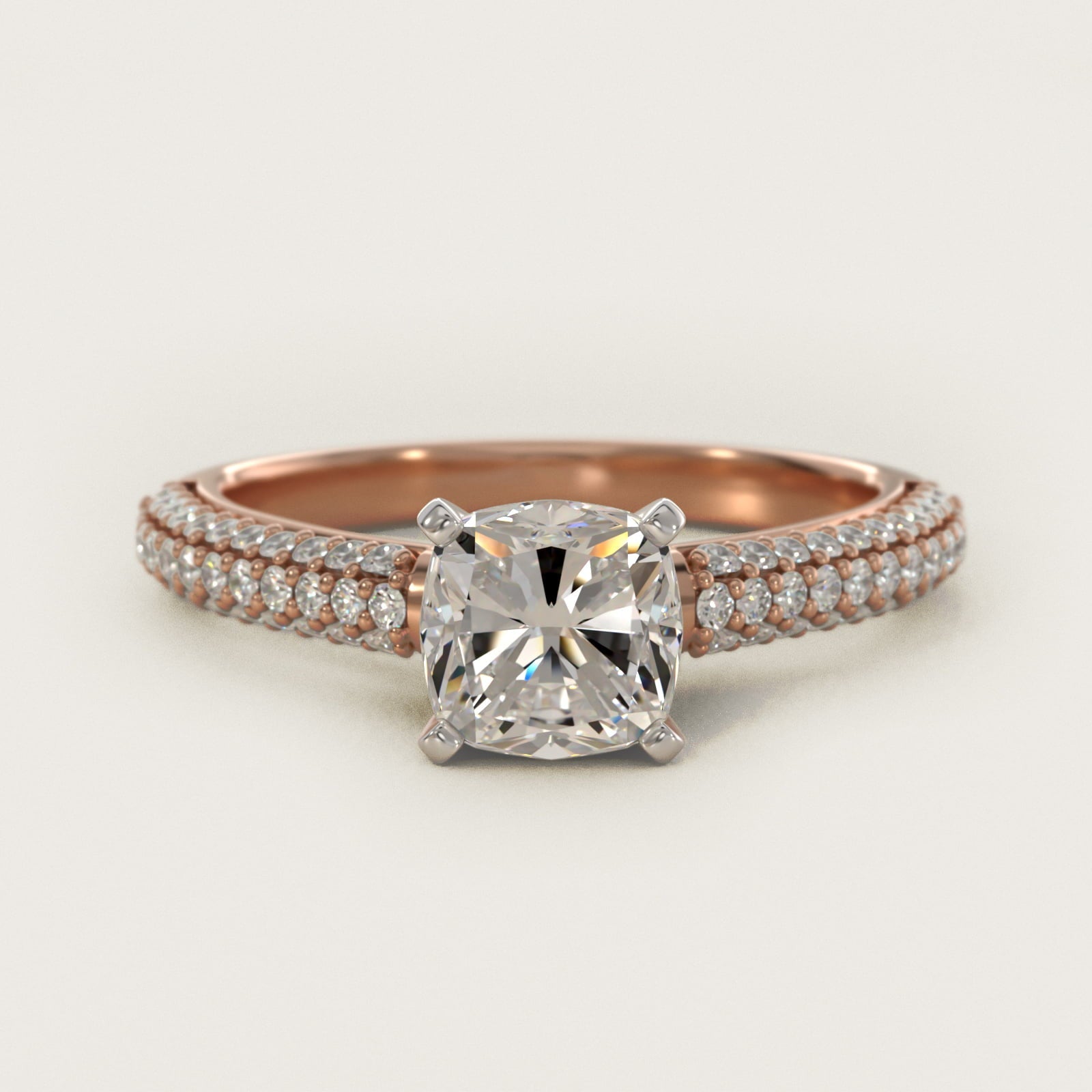 Trio Micropav? Diamond Engagement Ring in 18k Rose Gold (1/3 ct. tw.) - Cushion Center