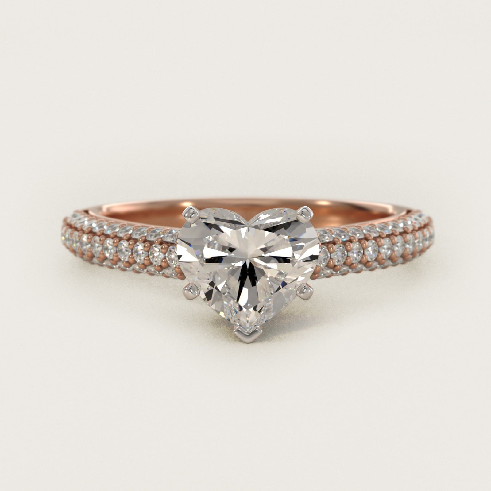 Trio Micropav? Diamond Engagement Ring in 18k Rose Gold (1/3 ct. tw.) - Heart Center