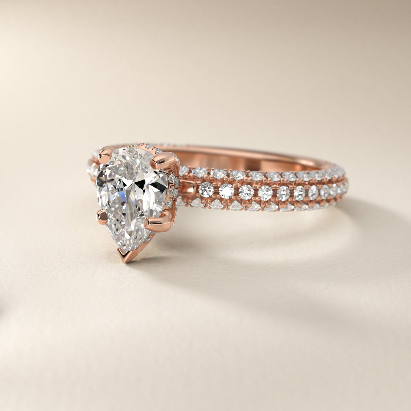 Trio MicroPavŽ Diamond Engagement Ring In 14K Rose Gold By James Allen - Pear Center