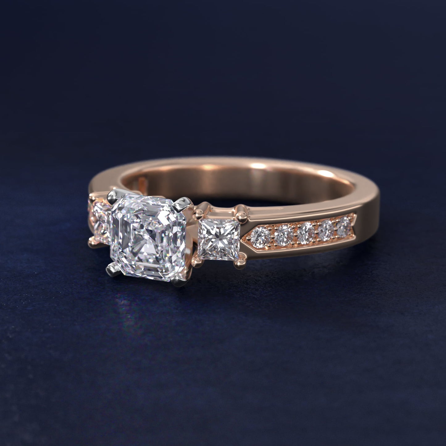 Trio Princess Cut PavŽ Diamond Engagement Ring in 14k Rose Gold (1/3 ct. tw.) - Asscher Center