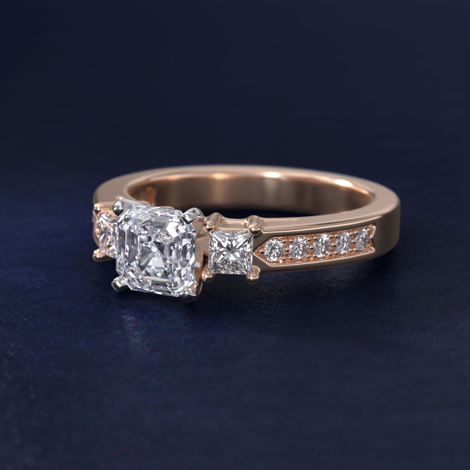 Trio Princess Cut PavŽ Diamond Engagement Ring in 14k Rose Gold (1/3 ct. tw.) - Asscher Center