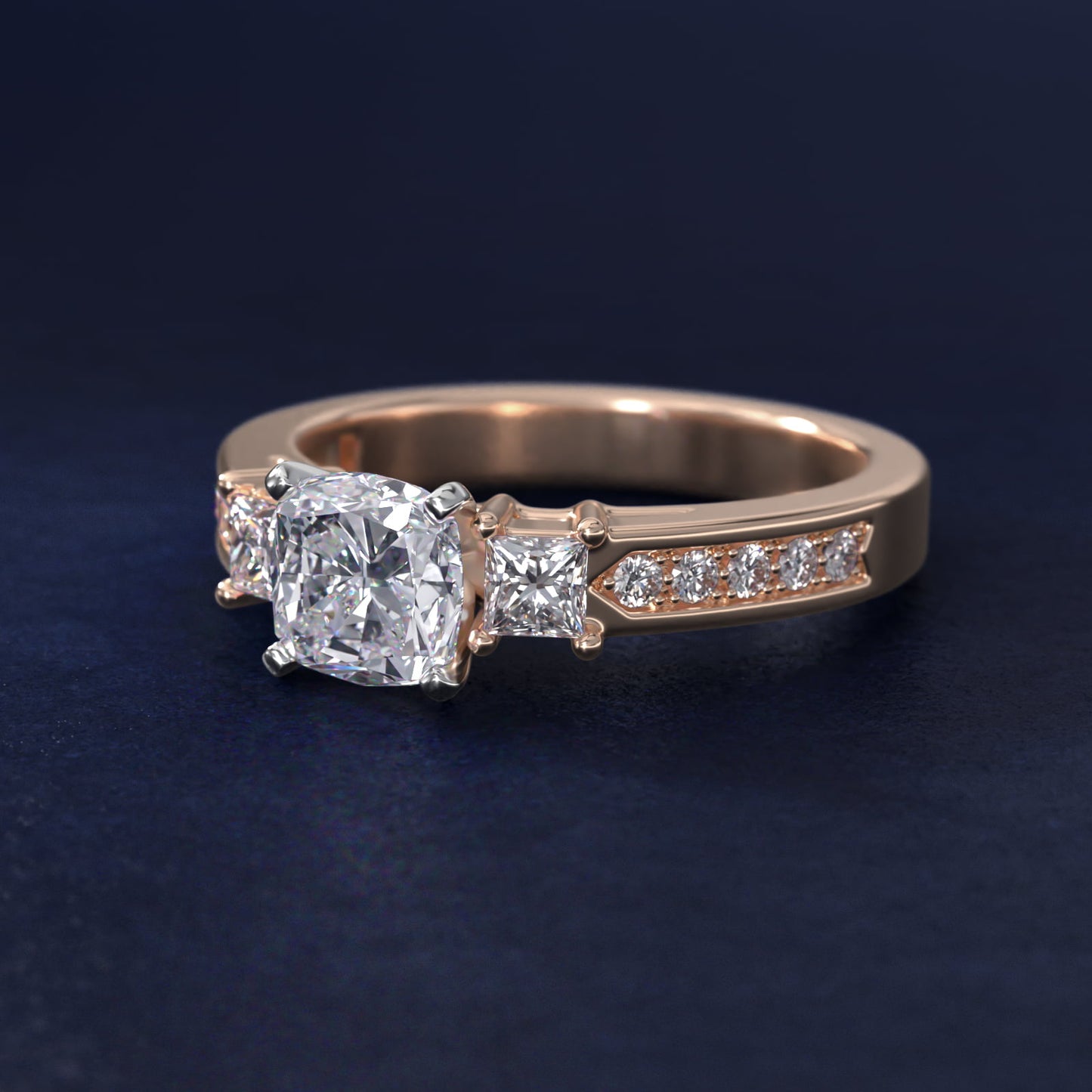 Trio Princess Cut Pav? Diamond Engagement Ring in 18k Rose Gold (1/3 ct. tw.) - Cushion Center