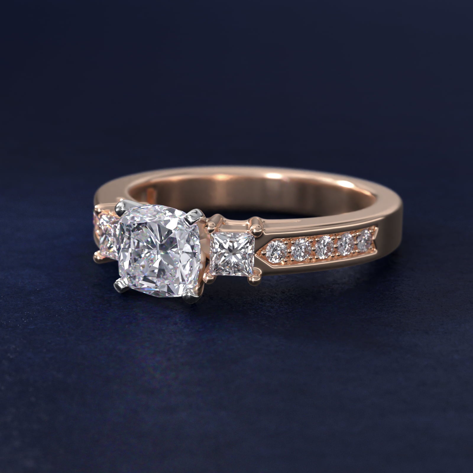 Trio Princess Cut Pav? Diamond Engagement Ring in 18k Rose Gold (1/3 ct. tw.) - Cushion Center