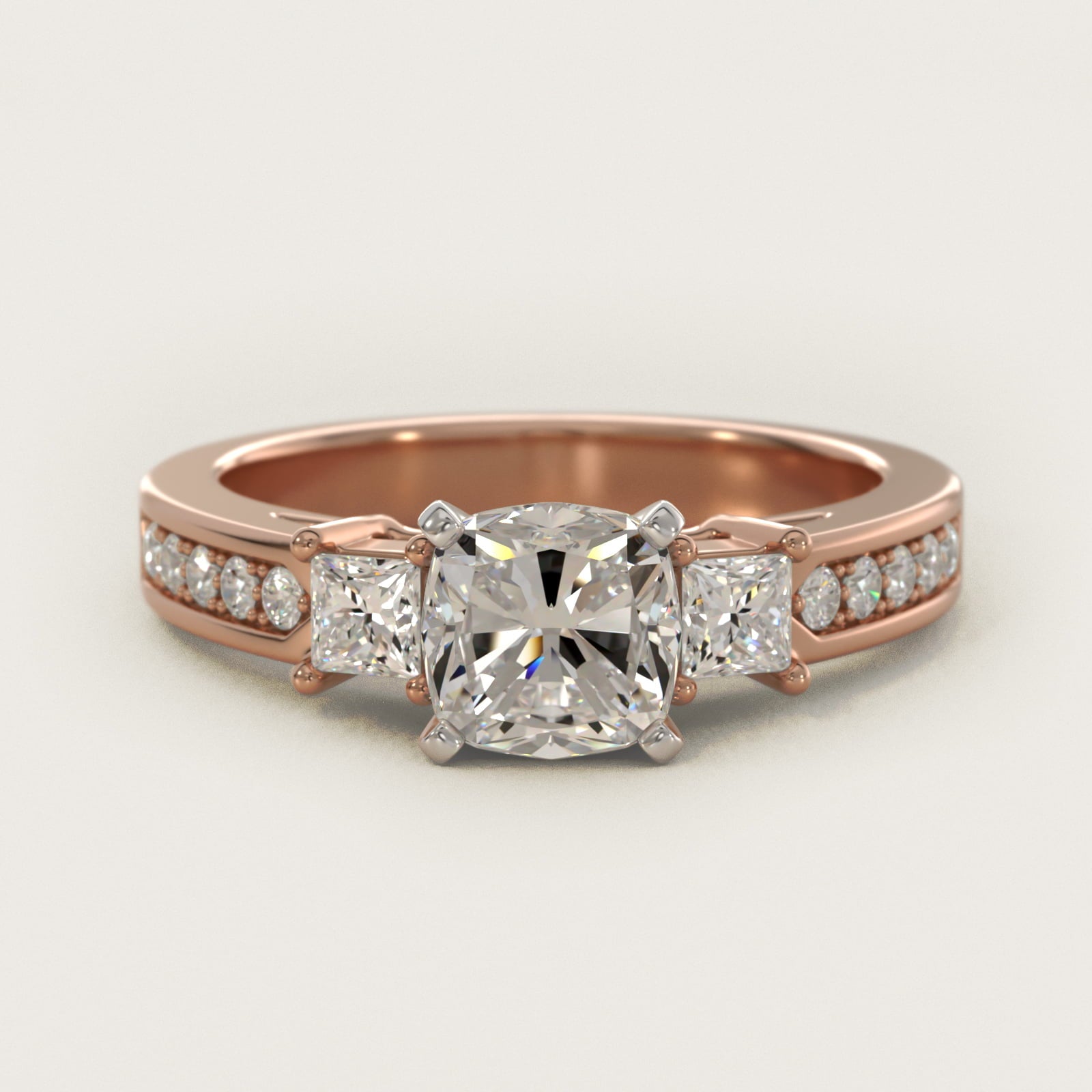 Trio Princess Cut Pav? Diamond Engagement Ring in 18k Rose Gold (1/3 ct. tw.) - Cushion Center