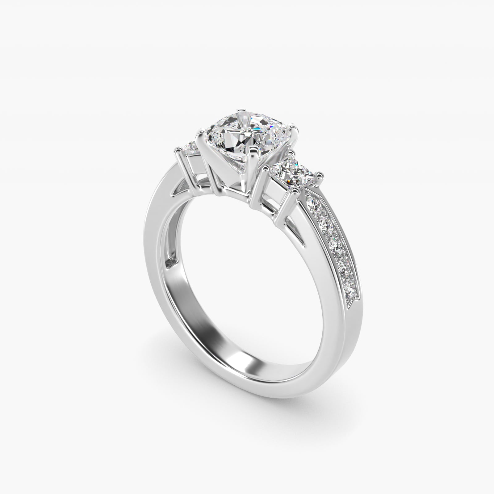 Trio Princess Cut Pav? Diamond Engagement Ring in 18k White Gold (1/3 ct. tw.) - Cushion Center