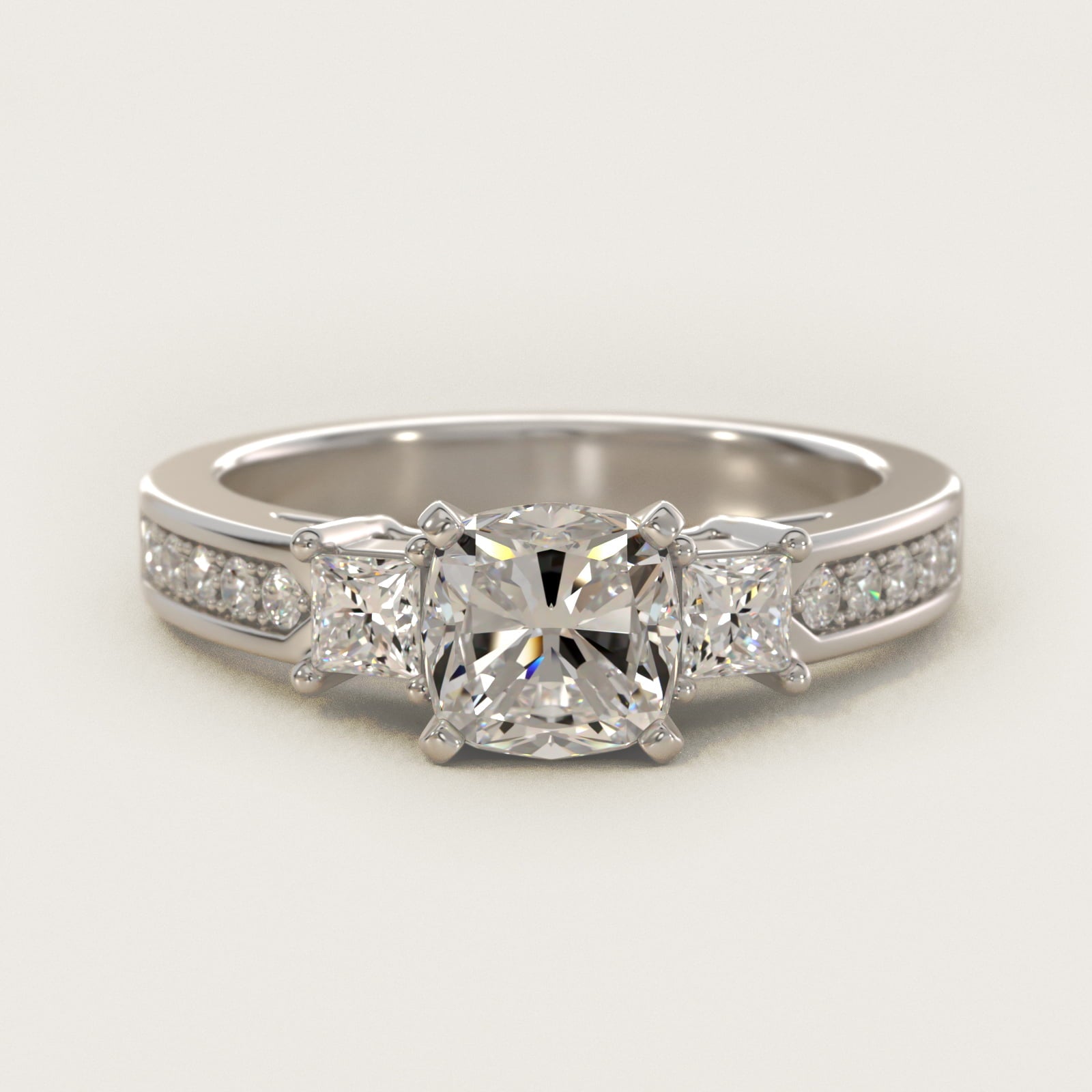 Trio Princess Cut PavŽ Diamond Engagement Ring in 14k White Gold (1/3 ct. tw.) - Cushion Center