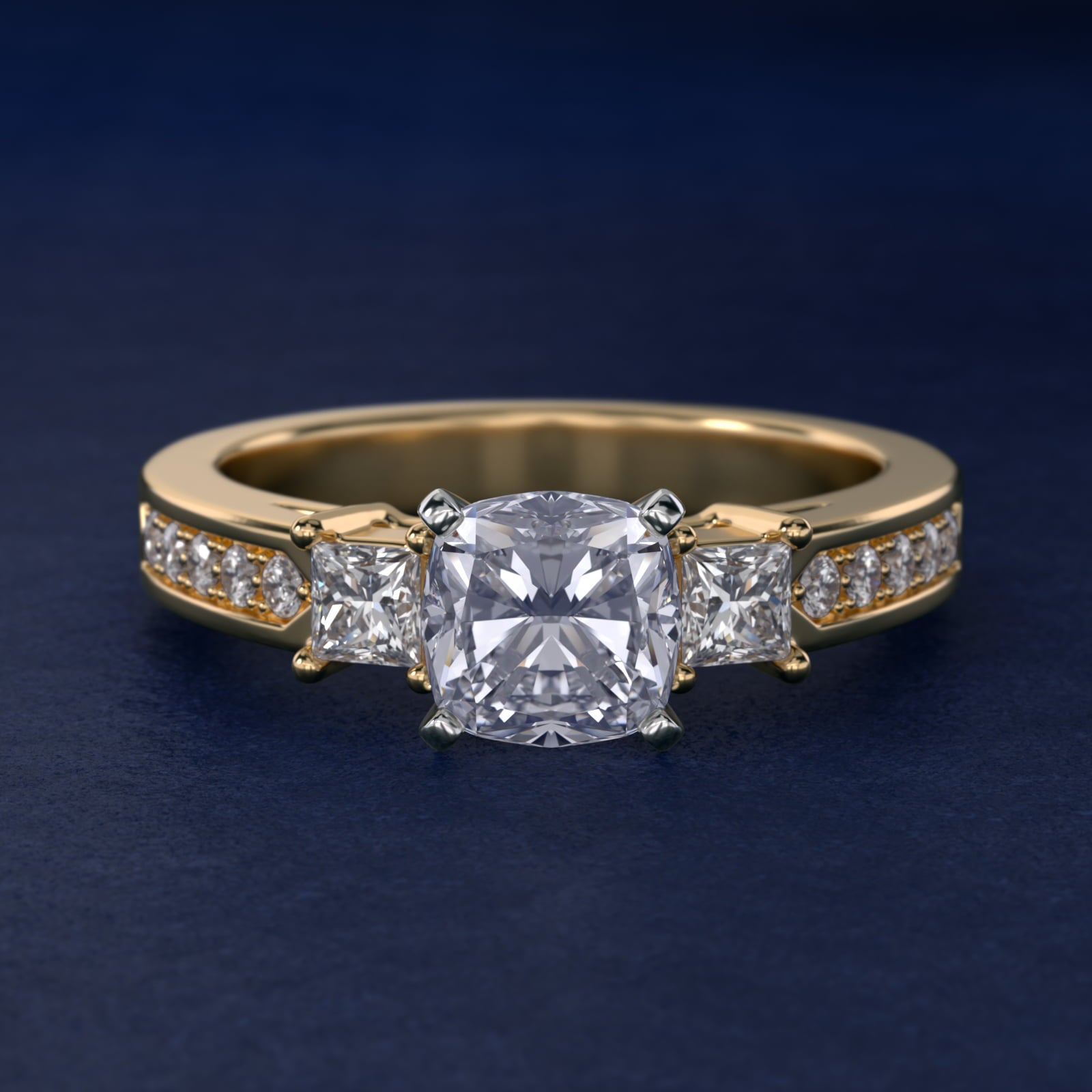 Trio Princess Cut Pav? Diamond Engagement Ring in 18k Yellow Gold (1/3 ct. tw.) - Cushion Center