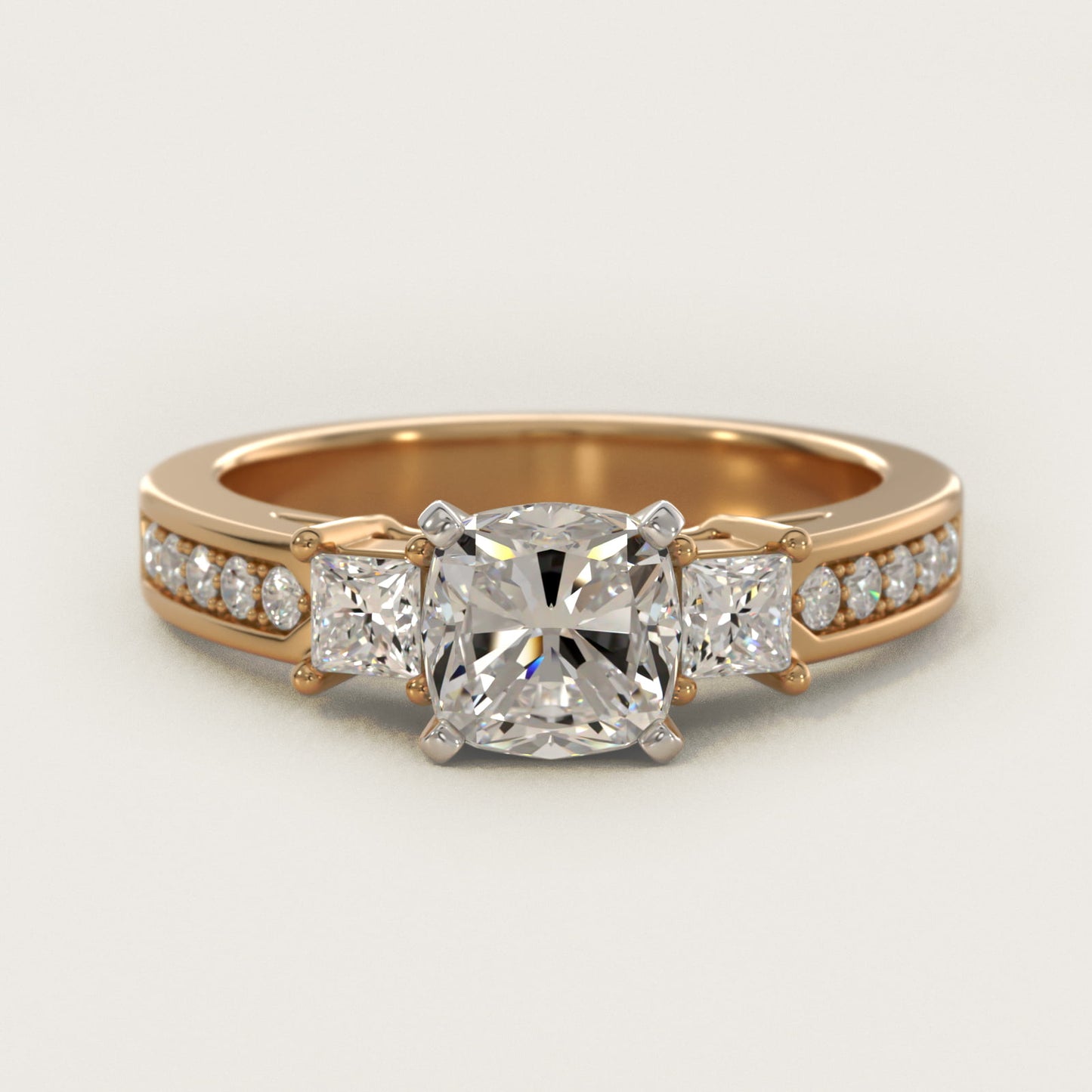 Trio Princess Cut Pav? Diamond Engagement Ring in 18k Yellow Gold (1/3 ct. tw.) - Cushion Center
