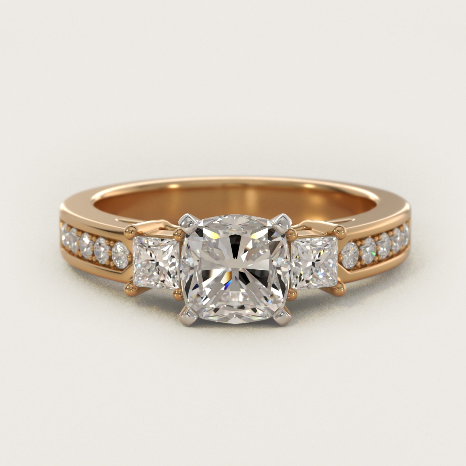 Trio Princess Cut PavŽ Diamond Engagement Ring in 14k Yellow Gold (1/3 ct. tw.) - Cushion Center
