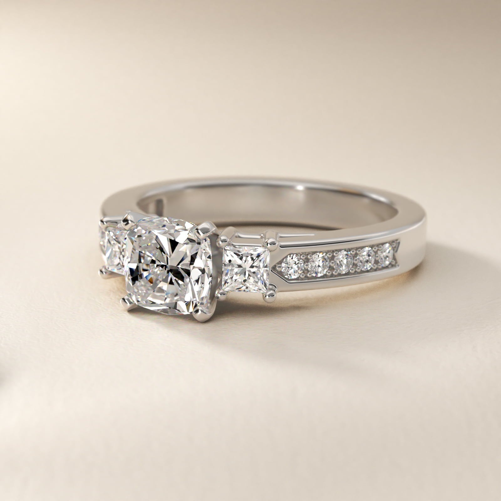 Trio Princess Cut Pav? Diamond Engagement Ring in Platinum (1/3 ct. tw.) - Cushion Center