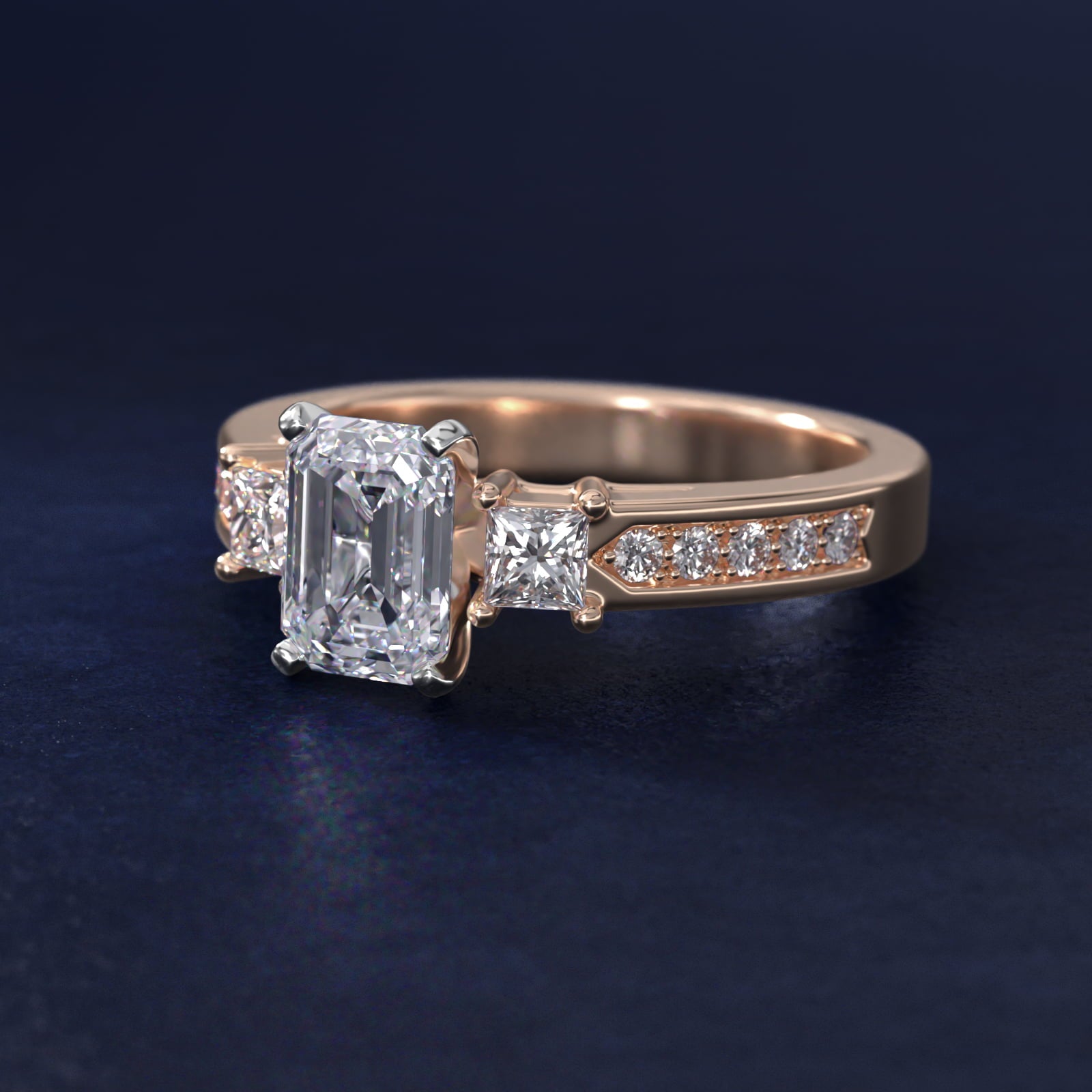 Trio Princess Cut Pav? Diamond Engagement Ring in 18k Rose Gold (1/3 ct. tw.) - Emerald Center