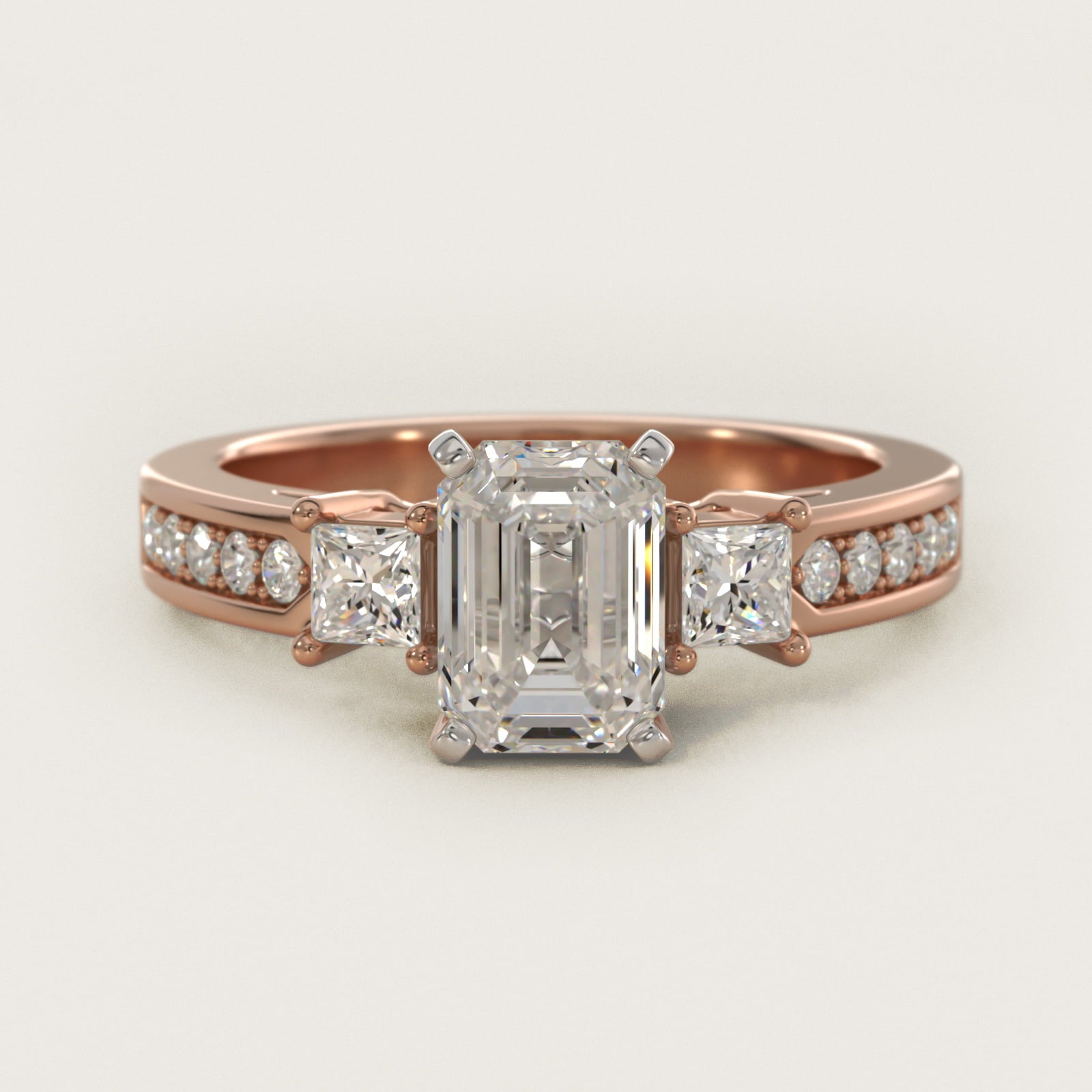 Trio Princess Cut Pav? Diamond Engagement Ring in 18k Rose Gold (1/3 ct. tw.) - Emerald Center