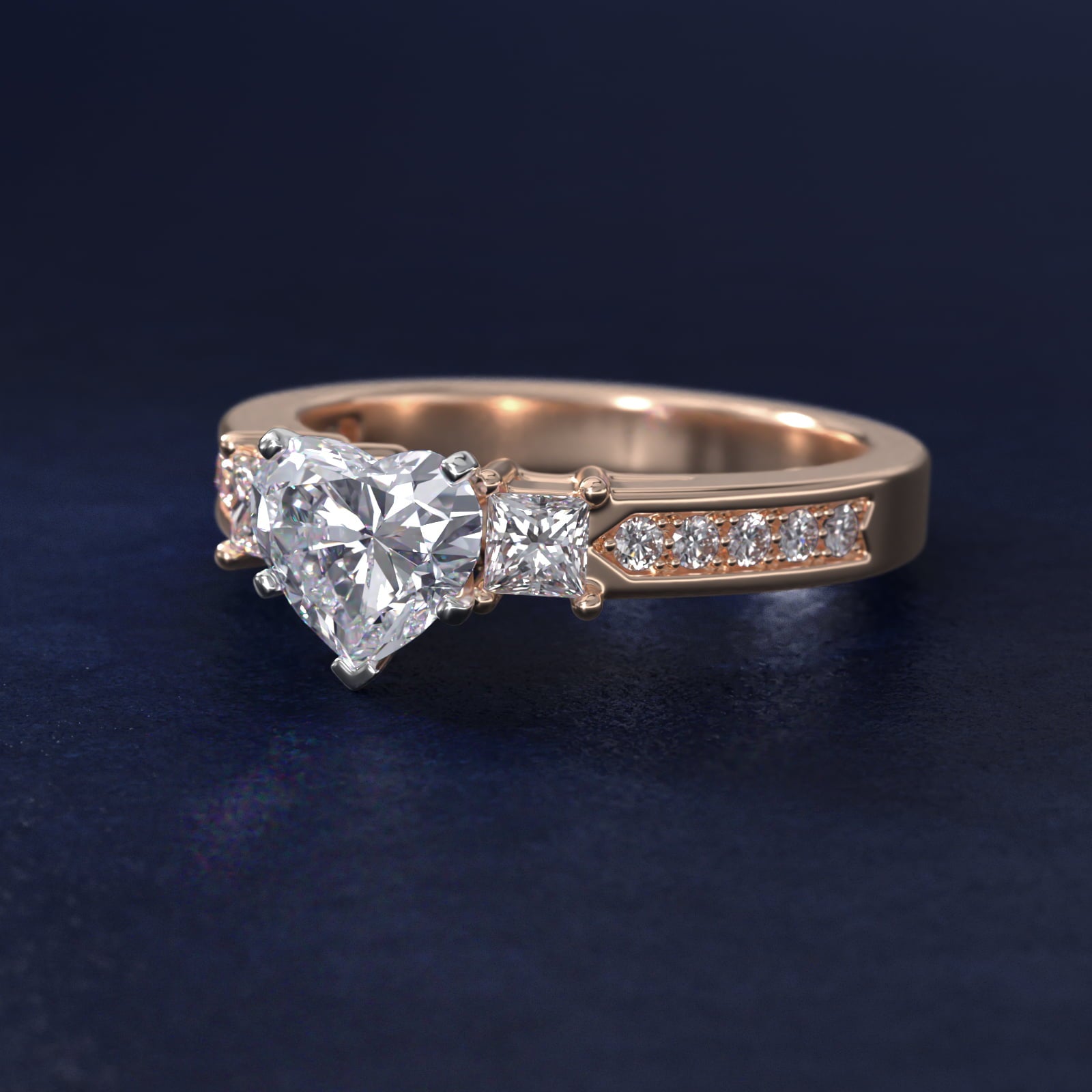 Trio Princess Cut Pav? Diamond Engagement Ring in 18k Rose Gold (1/3 ct. tw.) - Heart Center