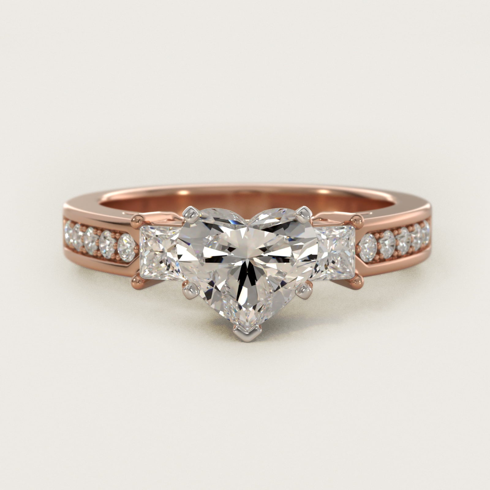 Trio Princess Cut Pav? Diamond Engagement Ring in 18k Rose Gold (1/3 ct. tw.) - Heart Center