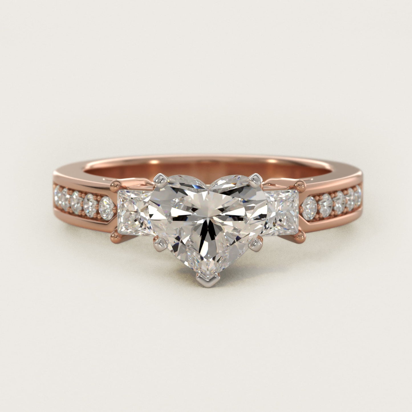 Trio Princess Cut PavŽ Diamond Engagement Ring in 14k Rose Gold (1/3 ct. tw.) - Heart Center