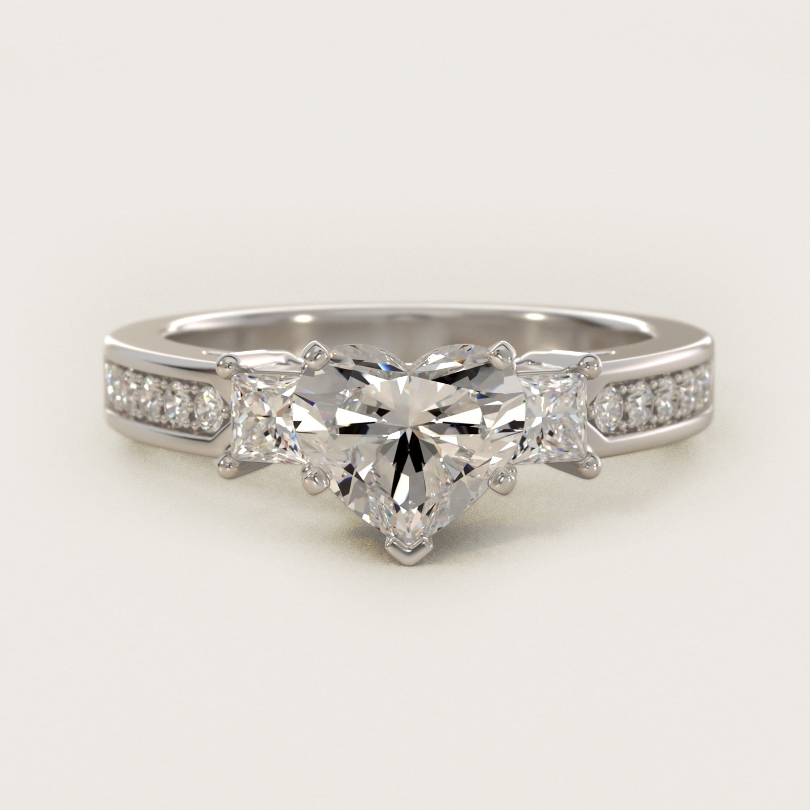 Trio Princess Cut PavŽ Diamond Engagement Ring in 14k White Gold (1/3 ct. tw.) - Heart Center