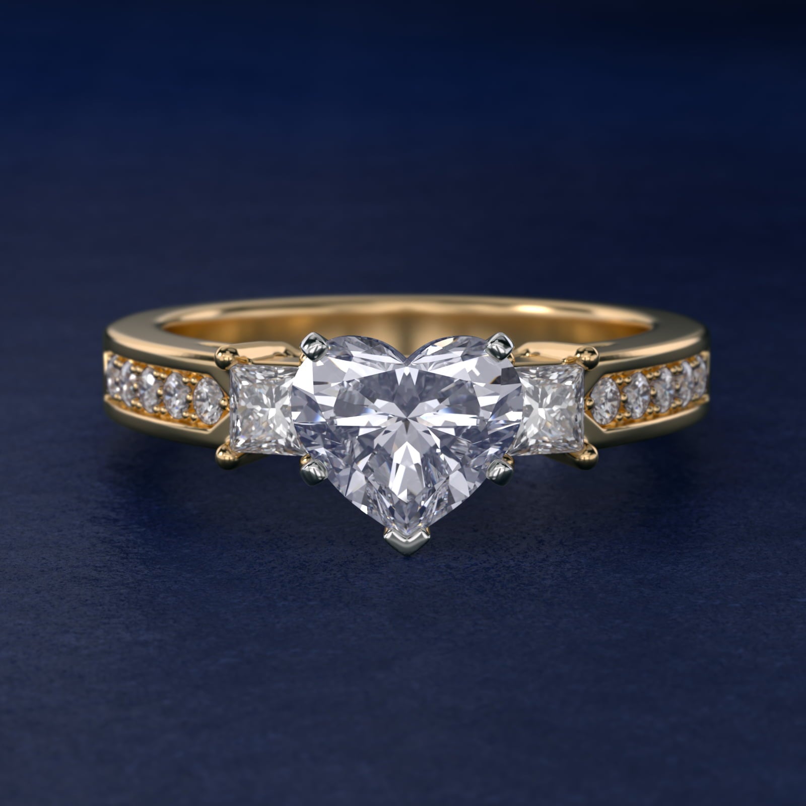 Trio Princess Cut Pav? Diamond Engagement Ring in 18k Yellow Gold (1/3 ct. tw.) - Heart Center