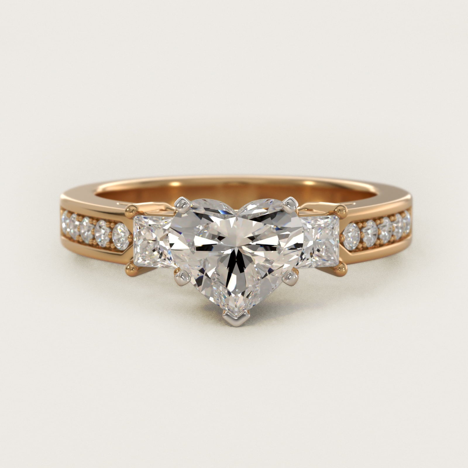 Trio Princess Cut Pav? Diamond Engagement Ring in 18k Yellow Gold (1/3 ct. tw.) - Heart Center