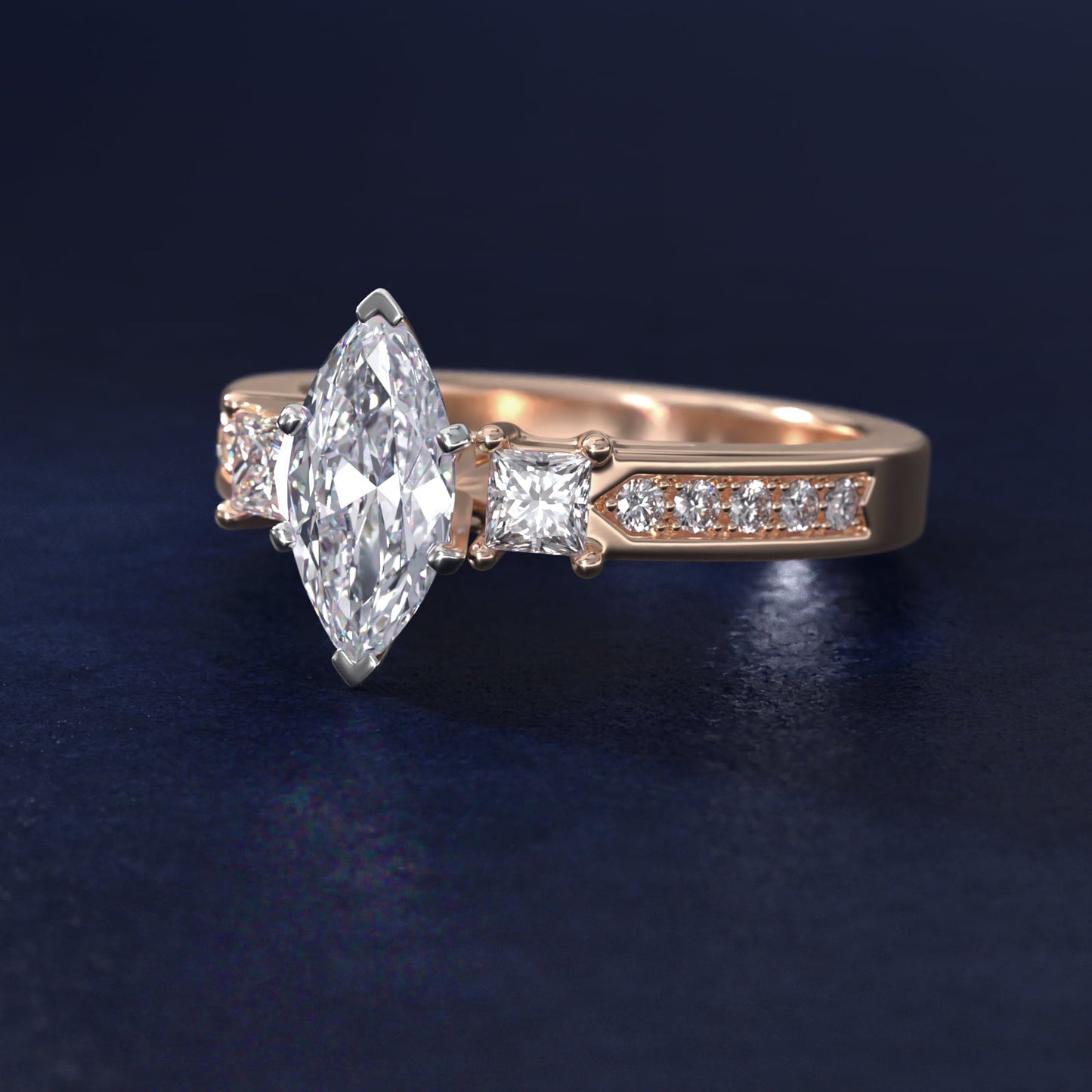 Trio Princess Cut PavŽ Diamond Engagement Ring in 14k Rose Gold (1/3 ct. tw.) - Marquise Center