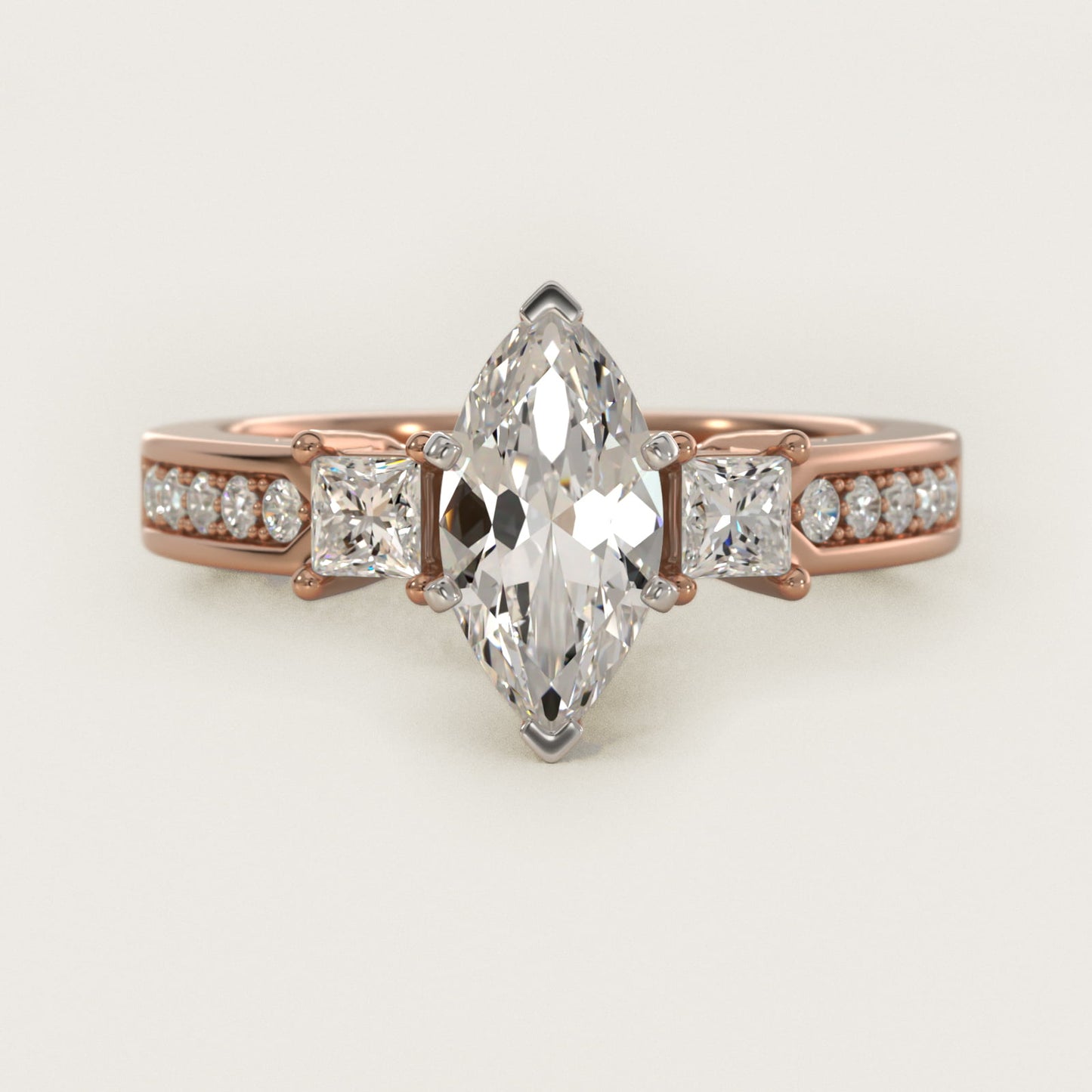 Trio Princess Cut Pav? Diamond Engagement Ring in 18k Rose Gold (1/3 ct. tw.) - Marquise Center