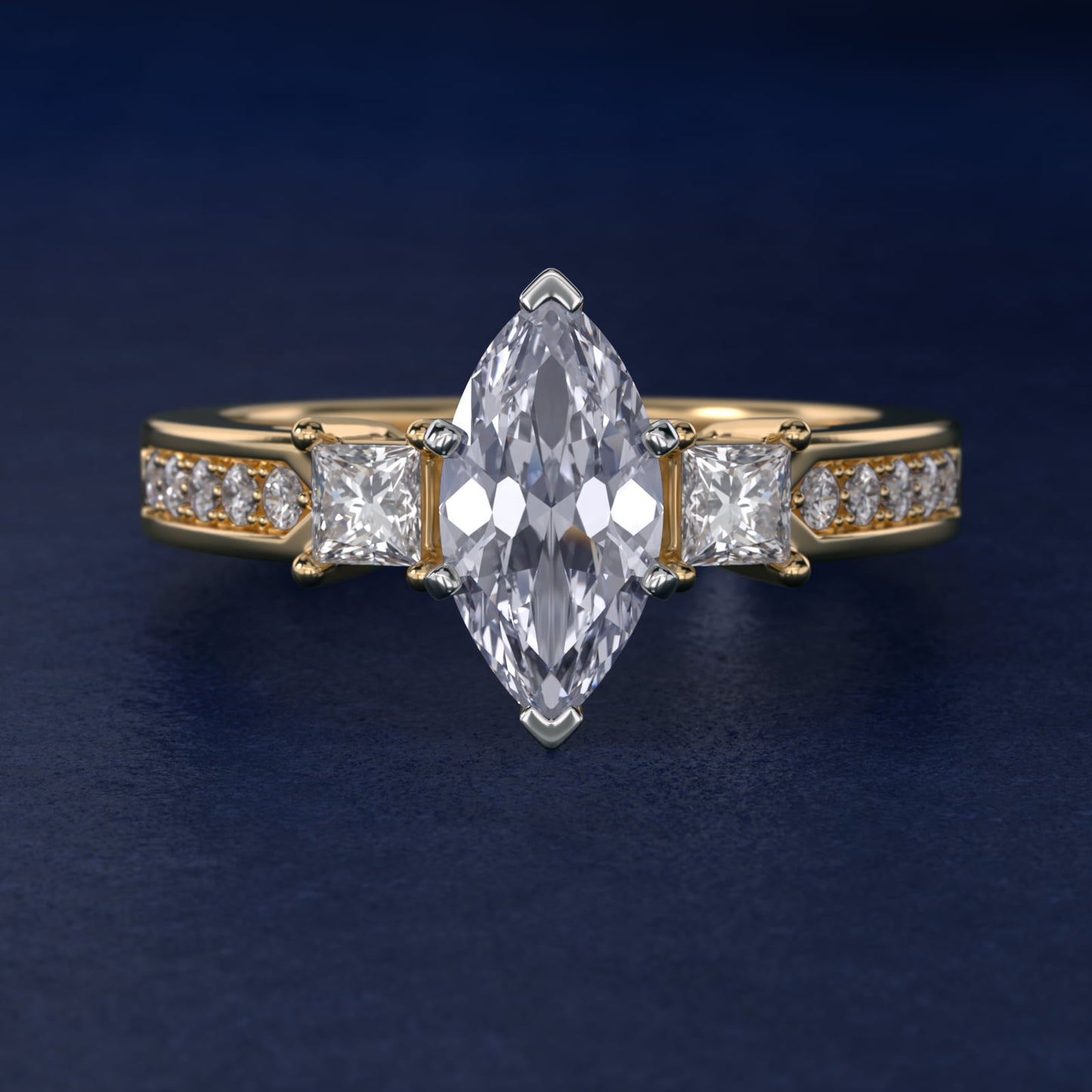 Trio Princess Cut PavŽ Diamond Engagement Ring in 14k Yellow Gold (1/3 ct. tw.) - Marquise Center