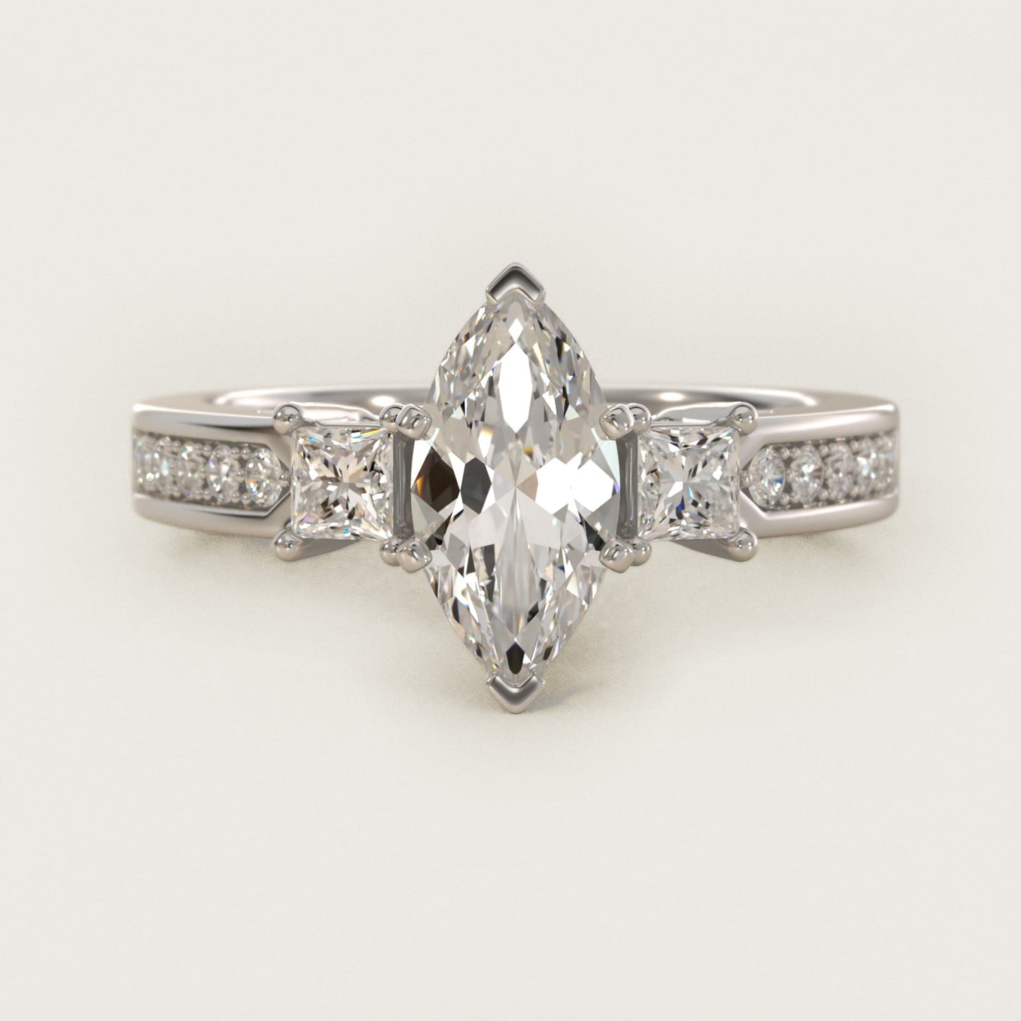 Trio Princess Cut Pav? Diamond Engagement Ring in Platinum (1/3 ct. tw.) - Marquise Center