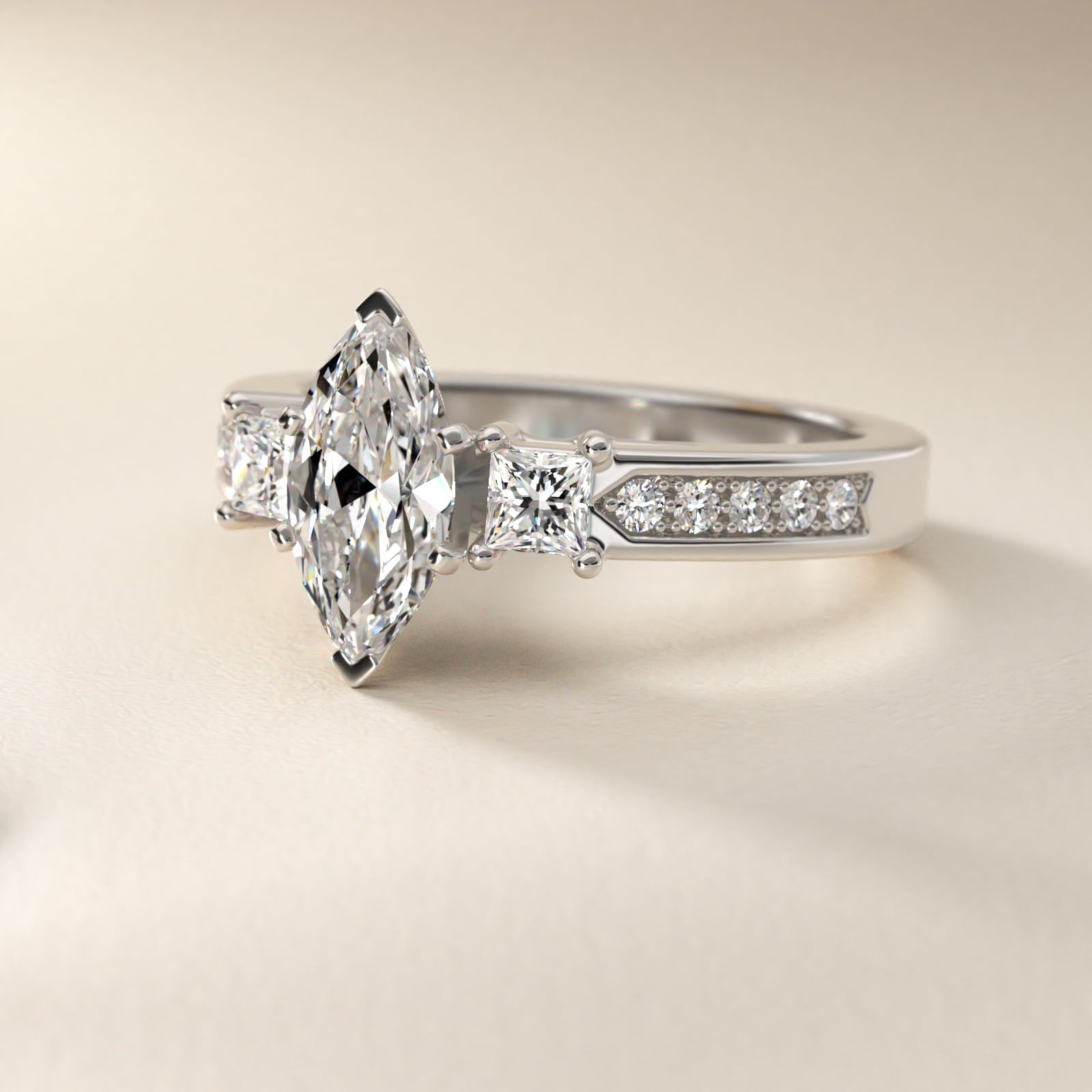 Trio Princess Cut Pav? Diamond Engagement Ring in Platinum (1/3 ct. tw.) - Marquise Center