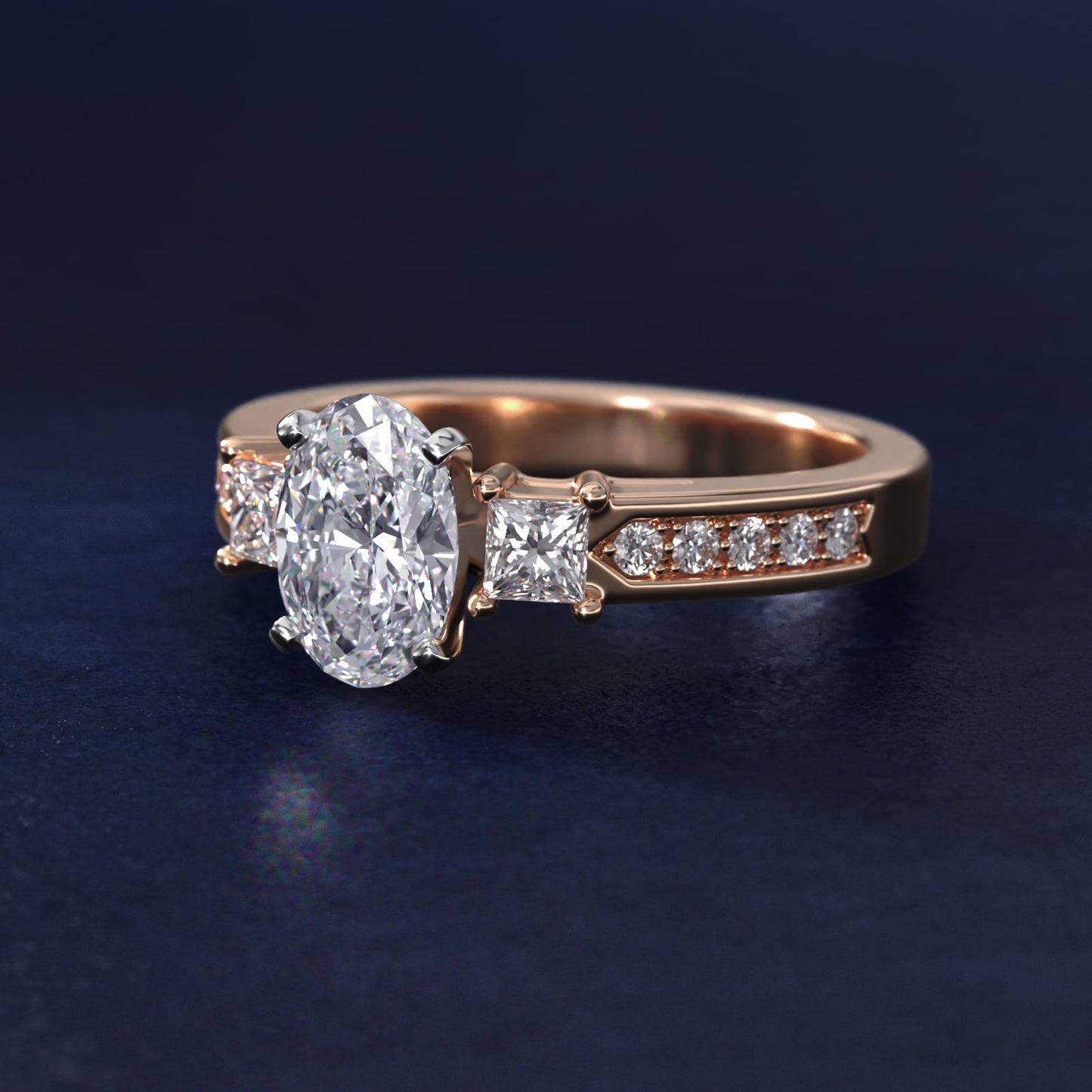 Trio Princess Cut PavŽ Diamond Engagement Ring in 14k Rose Gold (1/3 ct. tw.) - Oval Center