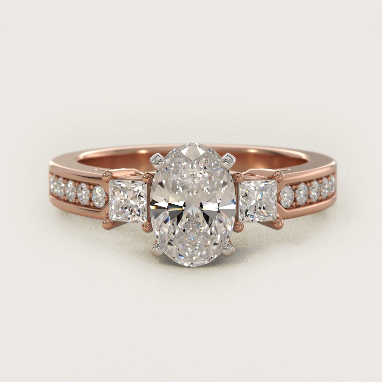 Trio Princess Cut Pav? Diamond Engagement Ring in 18k Rose Gold (1/3 ct. tw.) - Oval Center