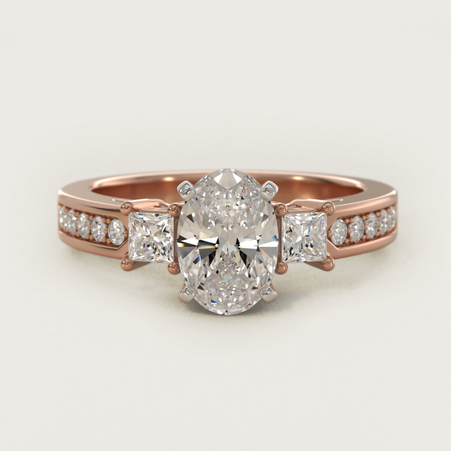 Trio Princess Cut PavŽ Diamond Engagement Ring in 14k Rose Gold (1/3 ct. tw.) - Oval Center