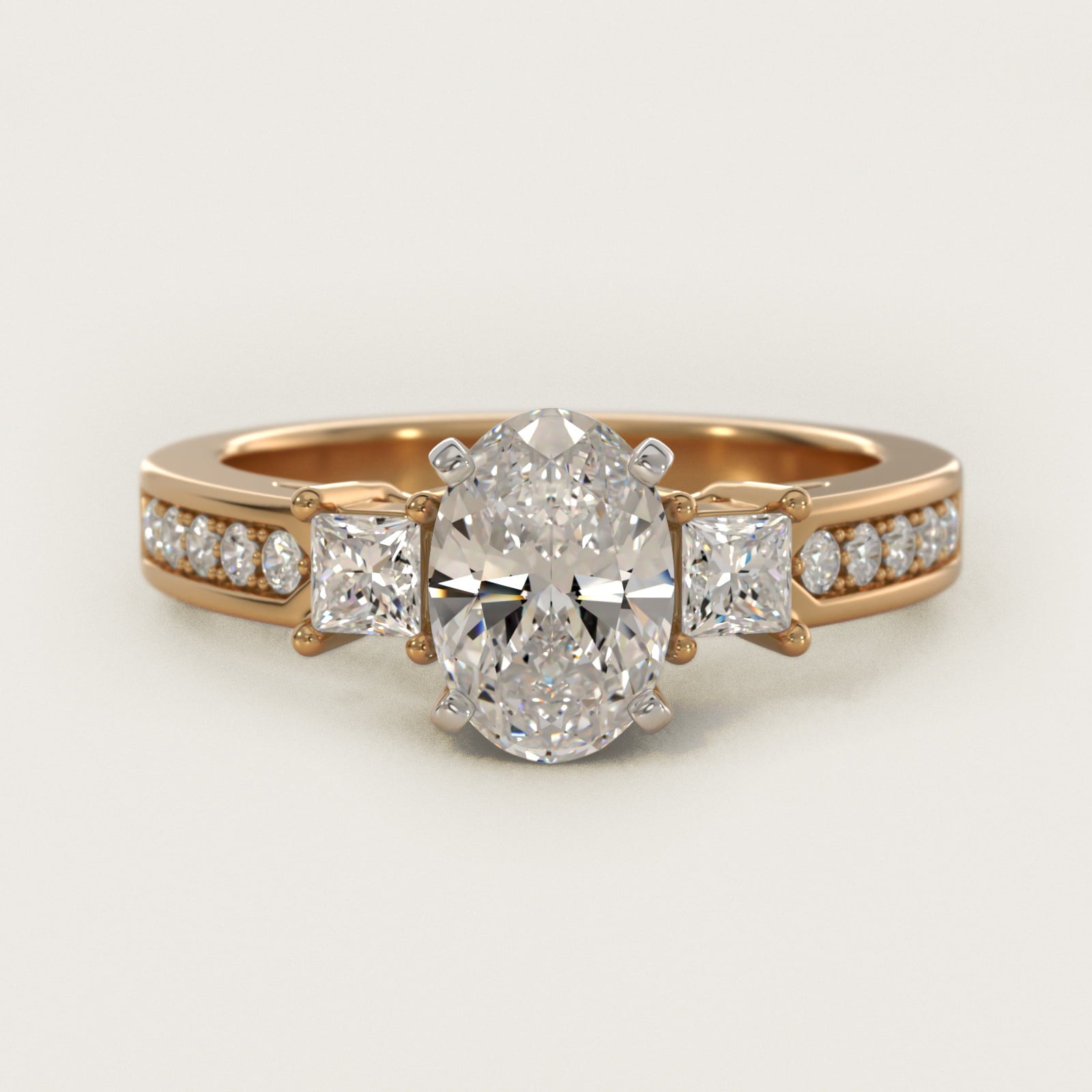 Trio Princess Cut Pav? Diamond Engagement Ring in 18k Yellow Gold (1/3 ct. tw.) - Oval Center