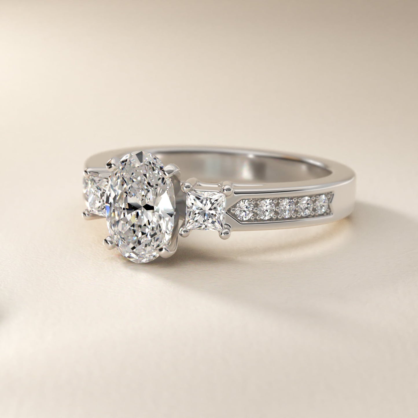 Trio Princess Cut Pav? Diamond Engagement Ring in Platinum (1/3 ct. tw.) - Oval Center