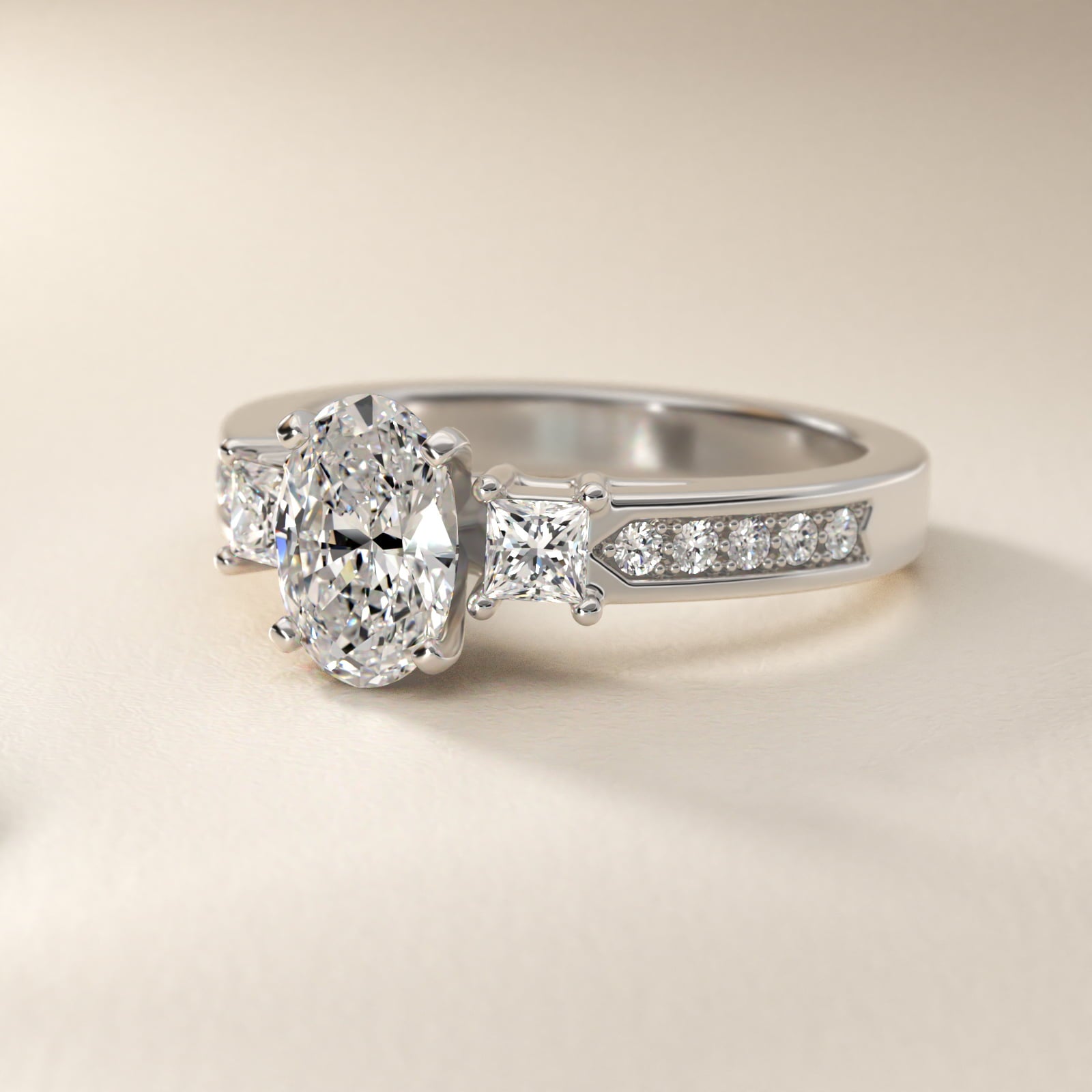 Trio Princess Cut Pav? Diamond Engagement Ring in Platinum (1/3 ct. tw.) - Oval Center