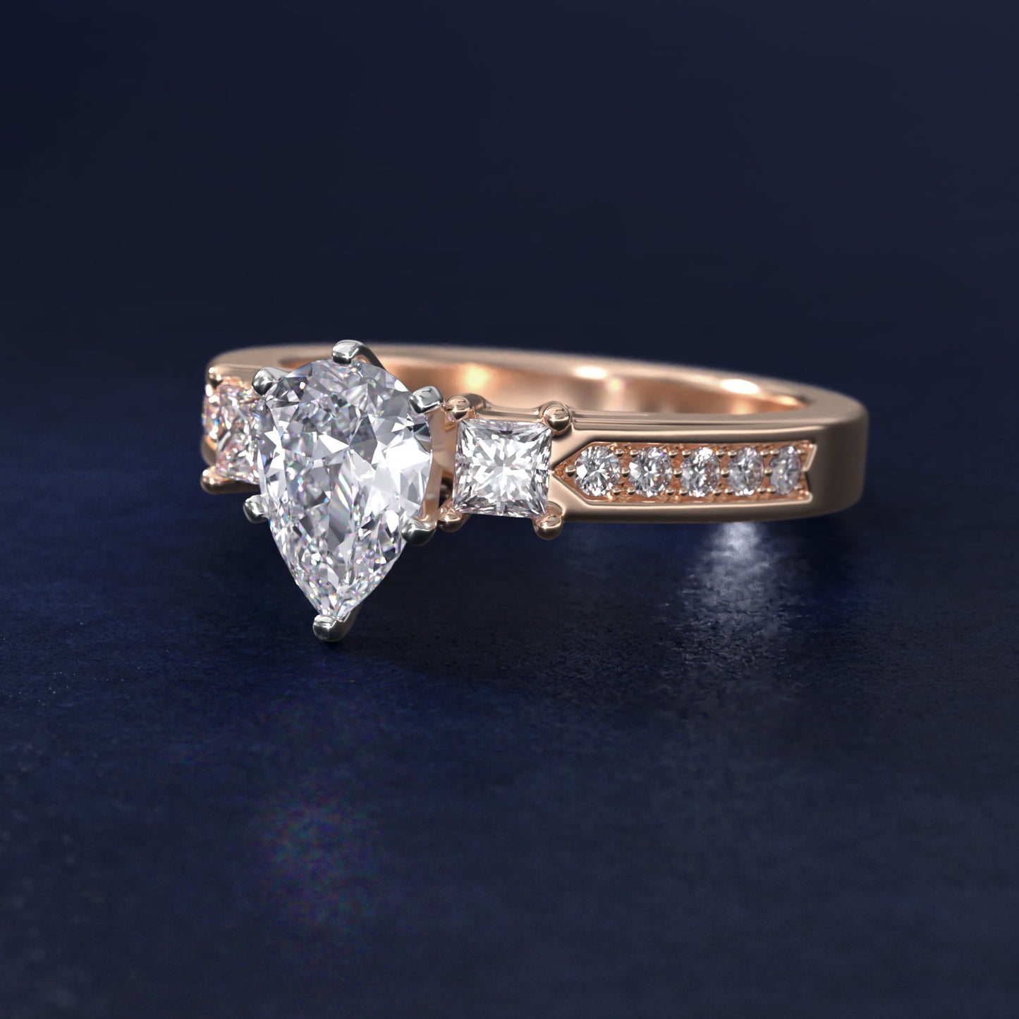 Trio Princess Cut Pav? Diamond Engagement Ring in 18k Rose Gold (1/3 ct. tw.) - Pear Center