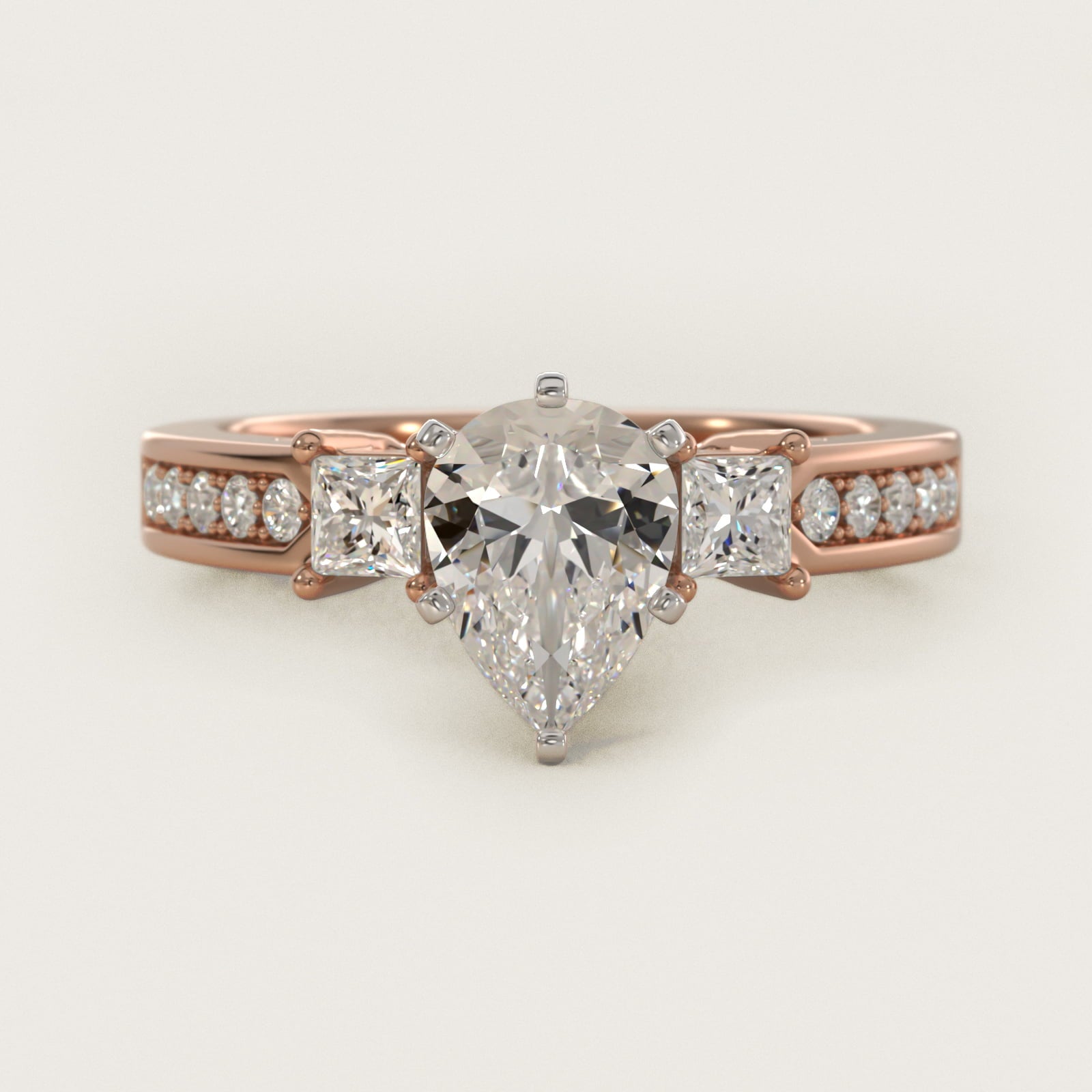 Trio Princess Cut Pav? Diamond Engagement Ring in 18k Rose Gold (1/3 ct. tw.) - Pear Center