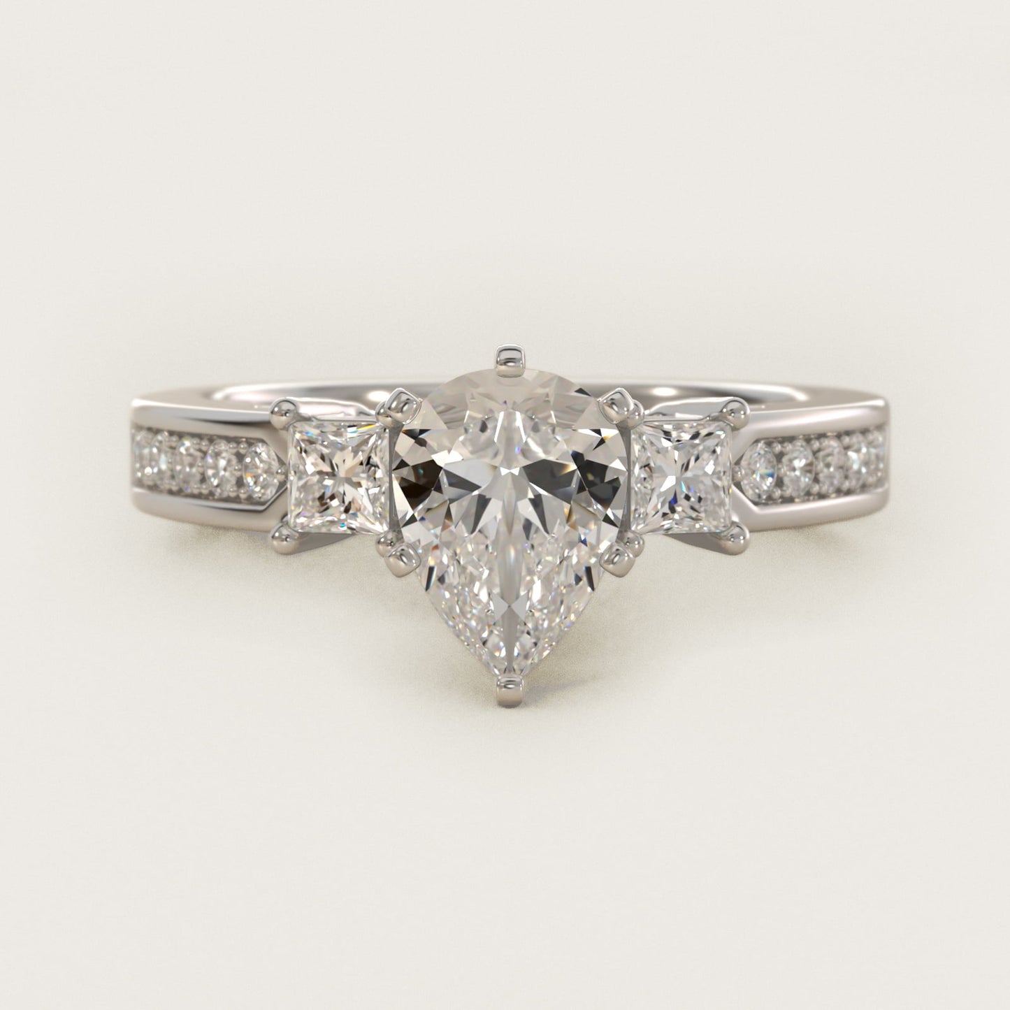 Trio Princess Cut Pav? Diamond Engagement Ring in 18k White Gold (1/3 ct. tw.) - Pear Center