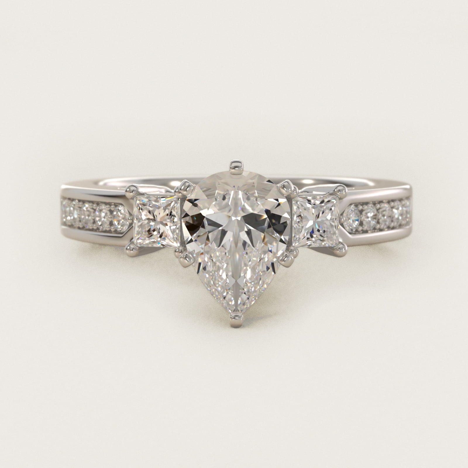 Trio Princess Cut Pav? Diamond Engagement Ring in 18k White Gold (1/3 ct. tw.) - Pear Center
